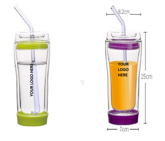 Double Wall Glass Juice Cup w/ Glass Lid & Straw 10 oz 6