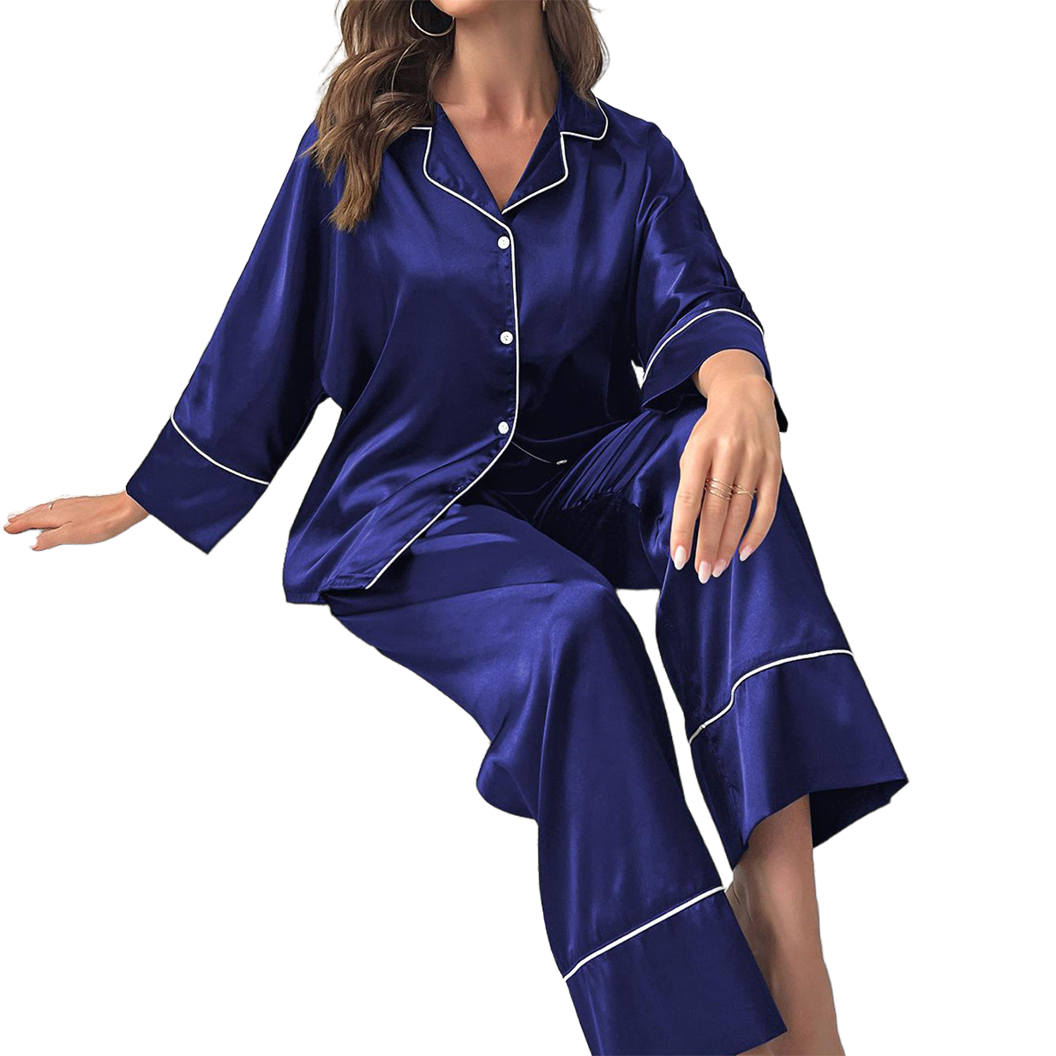 Women Sexy Color Solid Satin Long Sleeve Pants Pajama Set 1