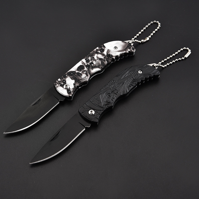 Skull Pattern Stainless Steel Folding Pocket Knife with Key Chain 4