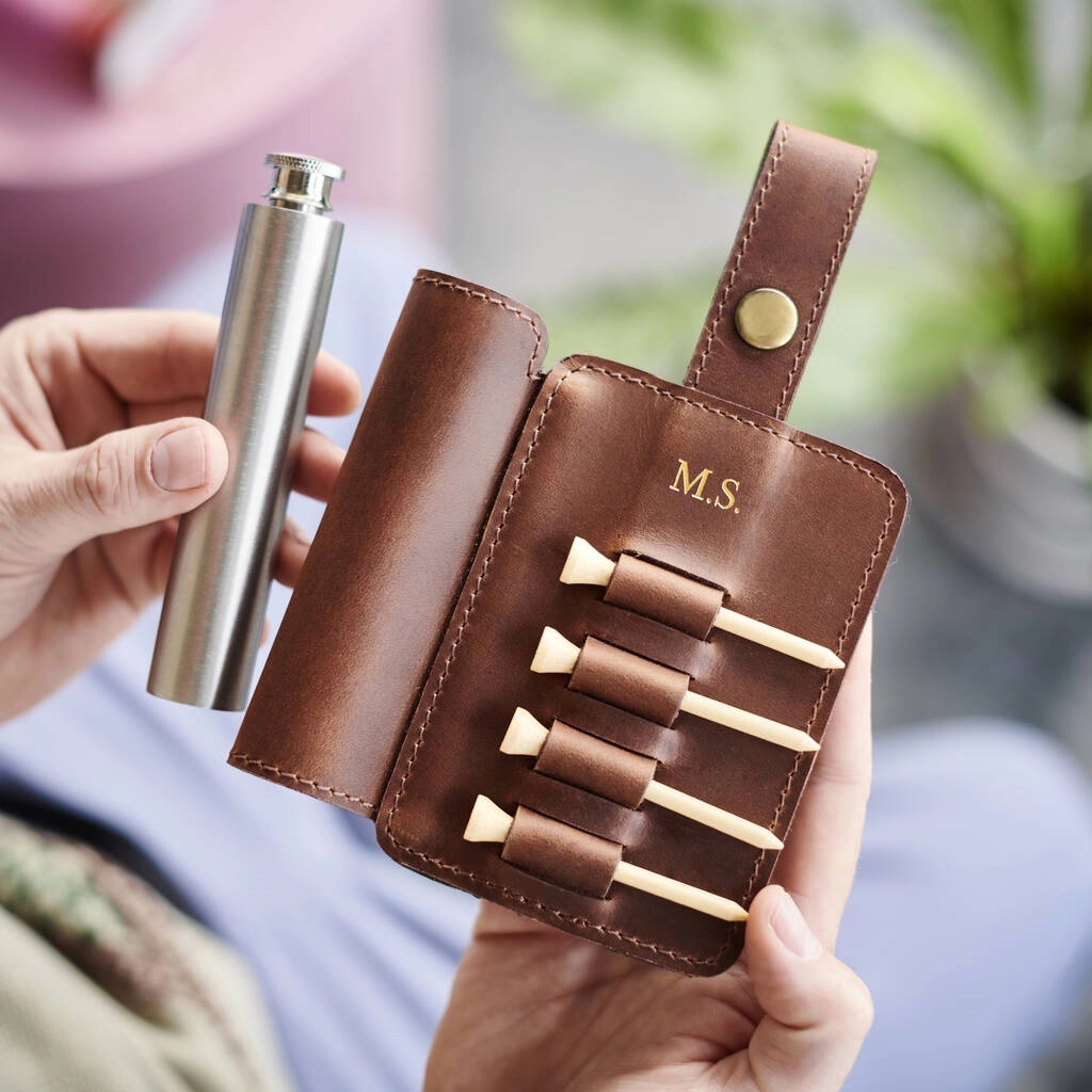 LEATHER GOLF TEE HOLDER & HIP FLASK 3