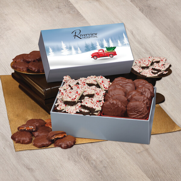 Peppermint Bark & Pecan Clusters in Gift Box with Red Truck Sleeve