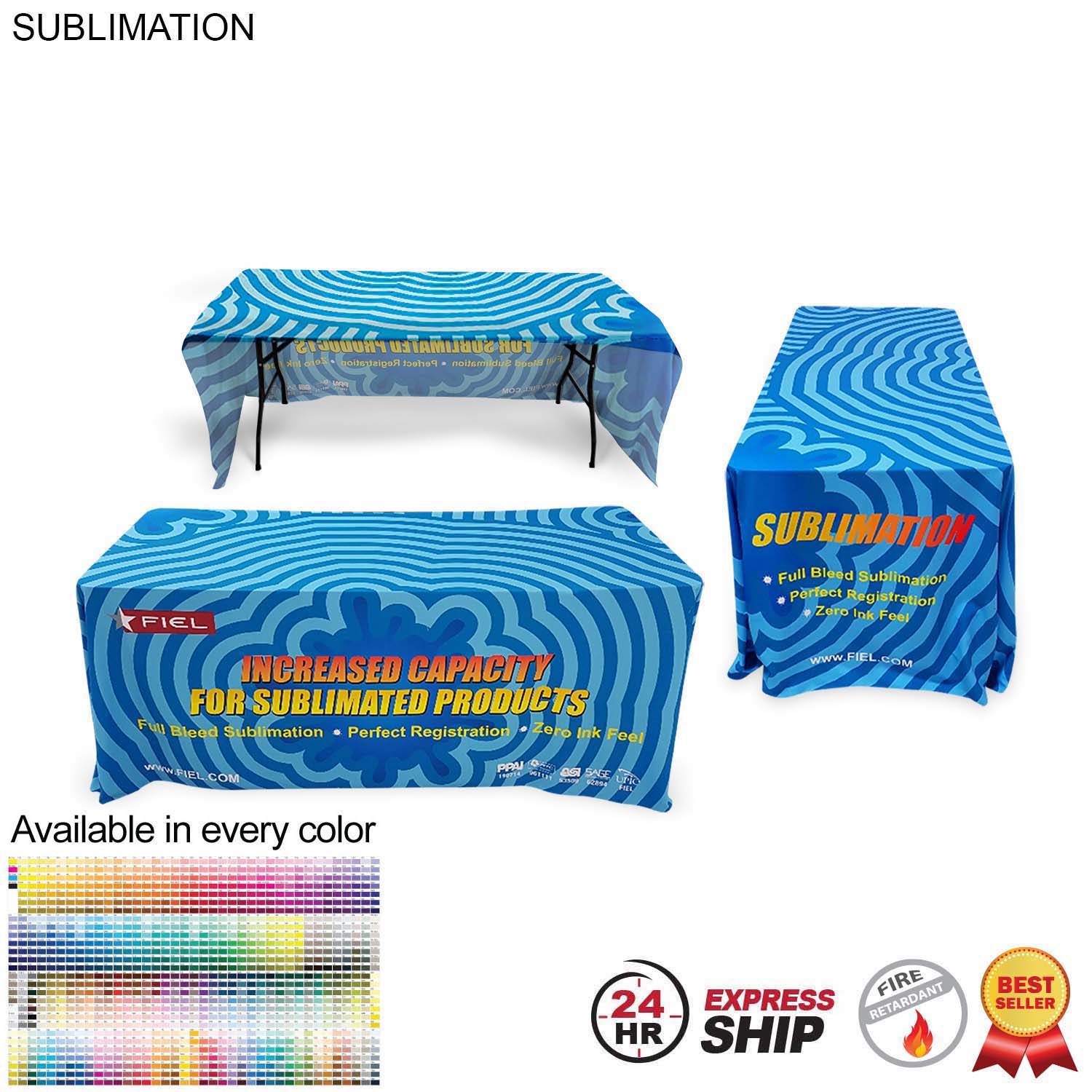 24 Hr Express Ship - Sublimated Table Cloth for 6' Table, Drape Style, 3 sided, Open Back 6