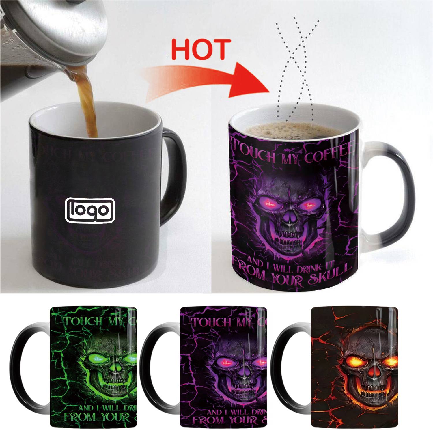 13oz Heat Sensitive Color Changing Ceramic Skull Design Mug 10