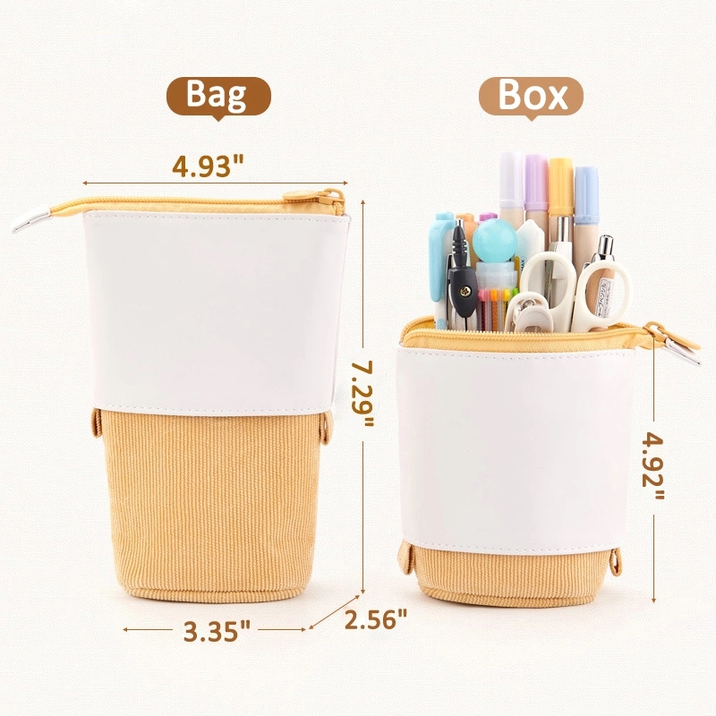 PU & Corduroy Stand-up Retractable Pen Pencil Organizer Bag 4