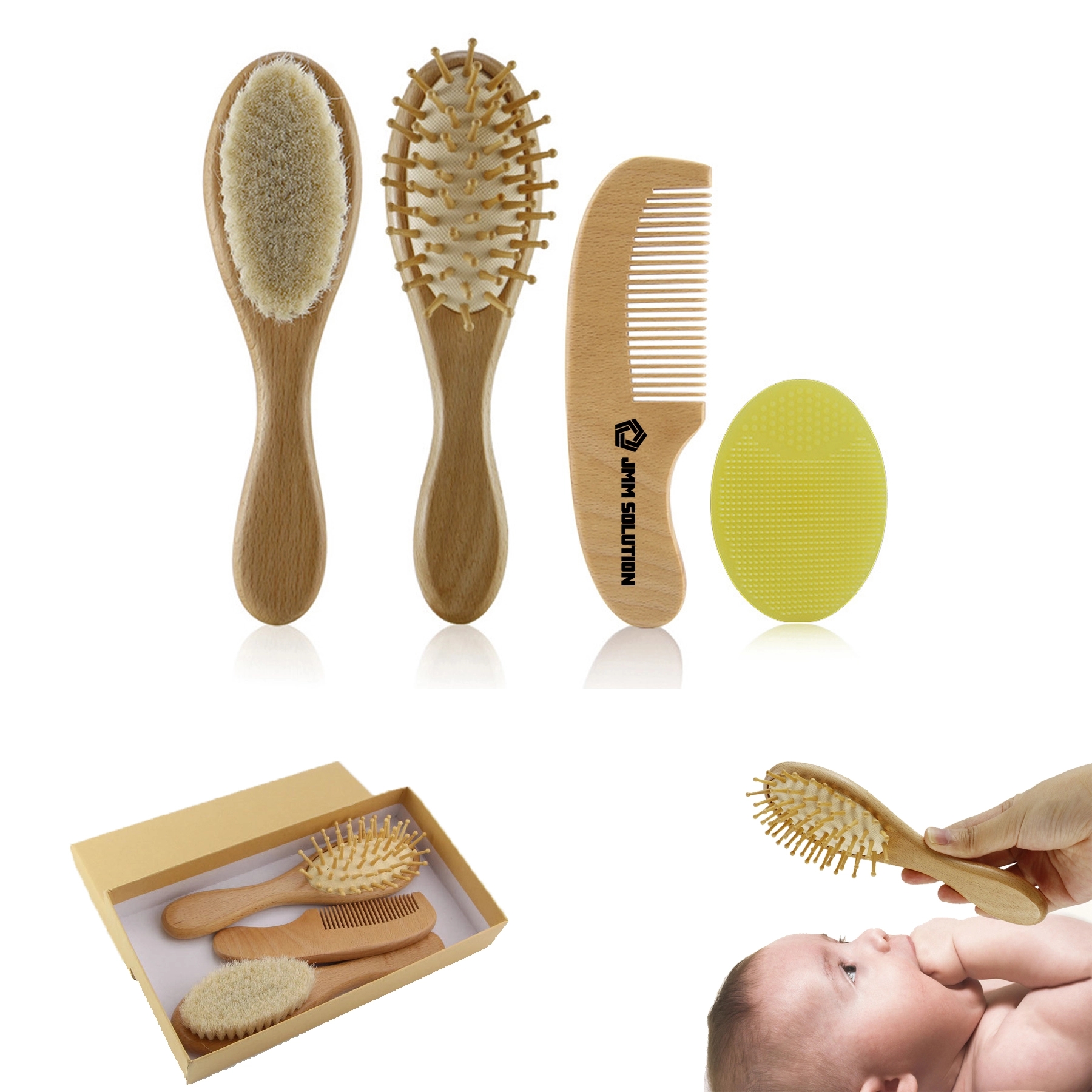 Wooden Baby Hair Brush And Comb Set (4-Piece) 1