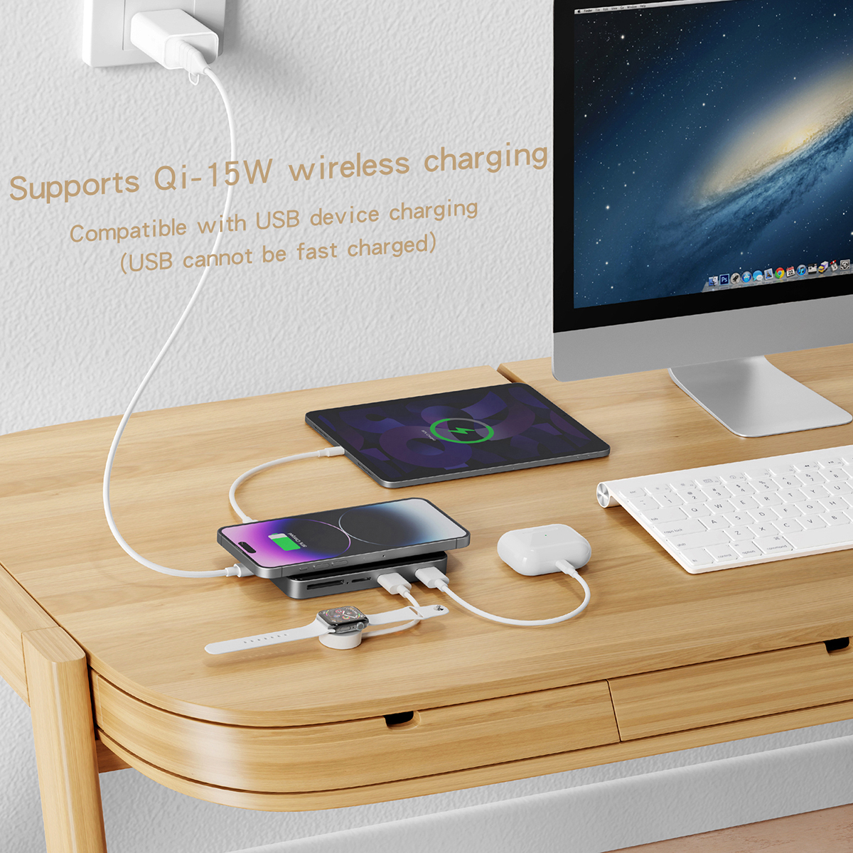 Hexagon Shaped 15W Magnetic Fast Wireless Charger, USB Hub and Card Reader With QC and PD 10