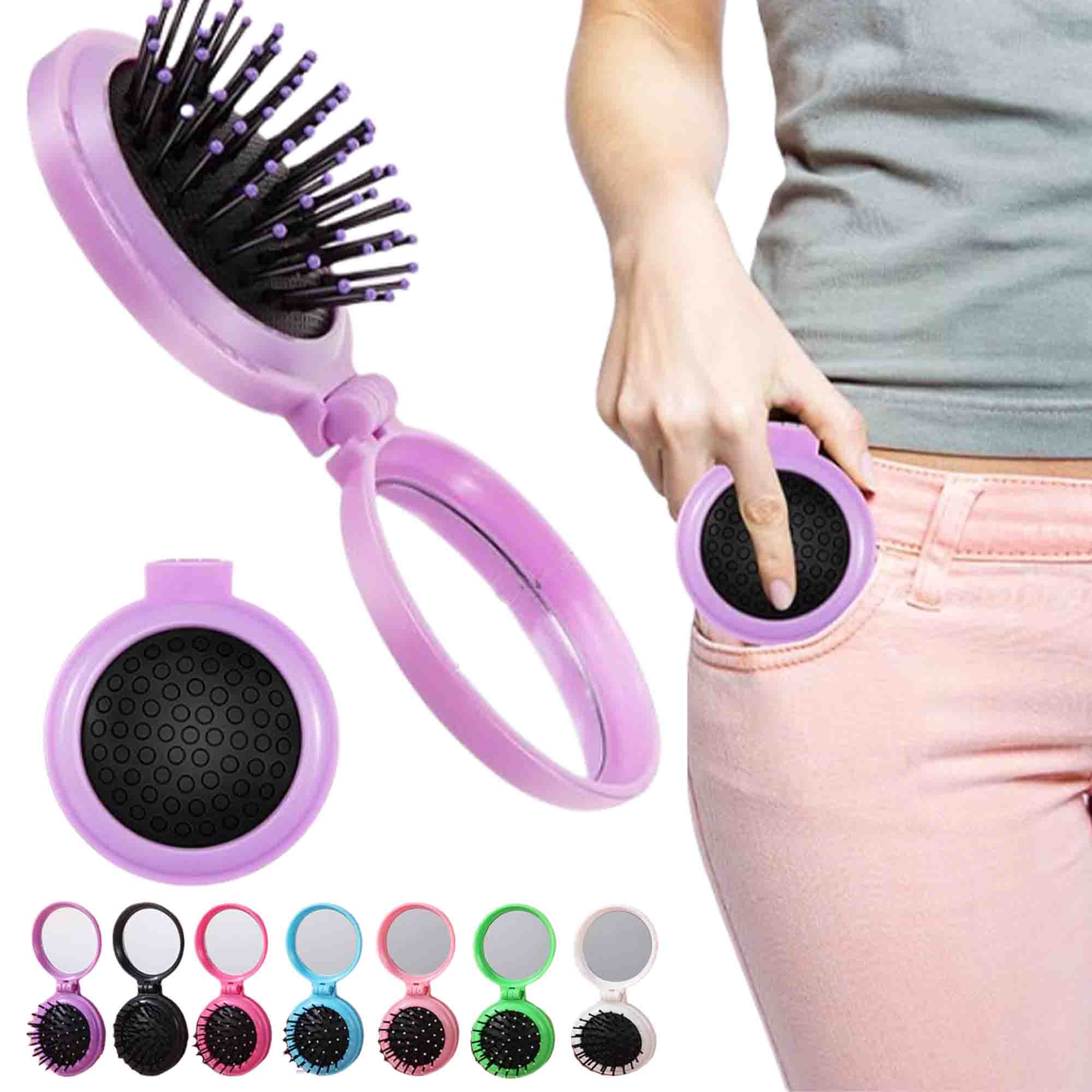 Folding Portable Travel Round Wet Dry Hair Brush with Mirror 1