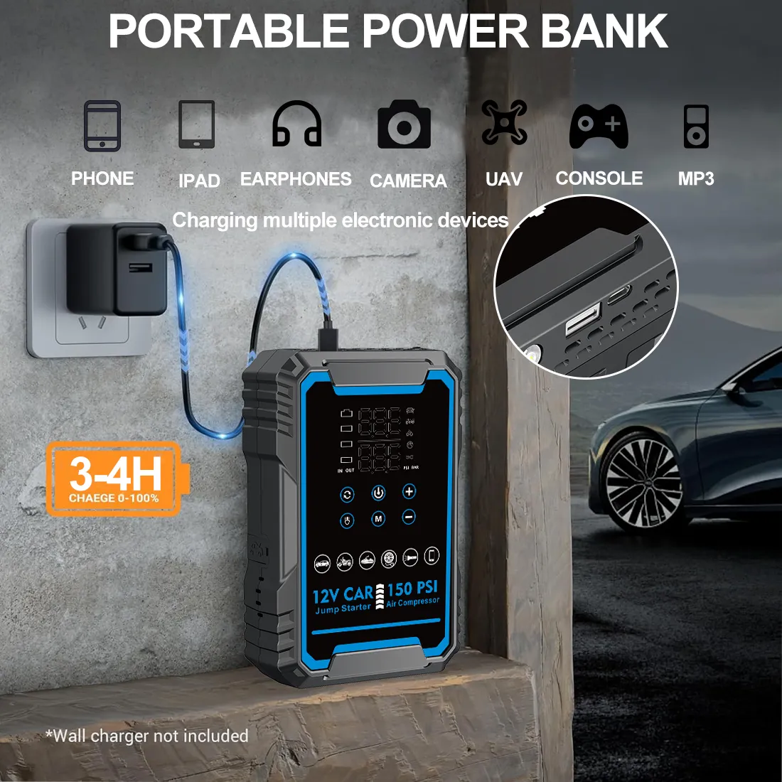 Popular 3000A Battery Jump Starter with Tire Inflator 4