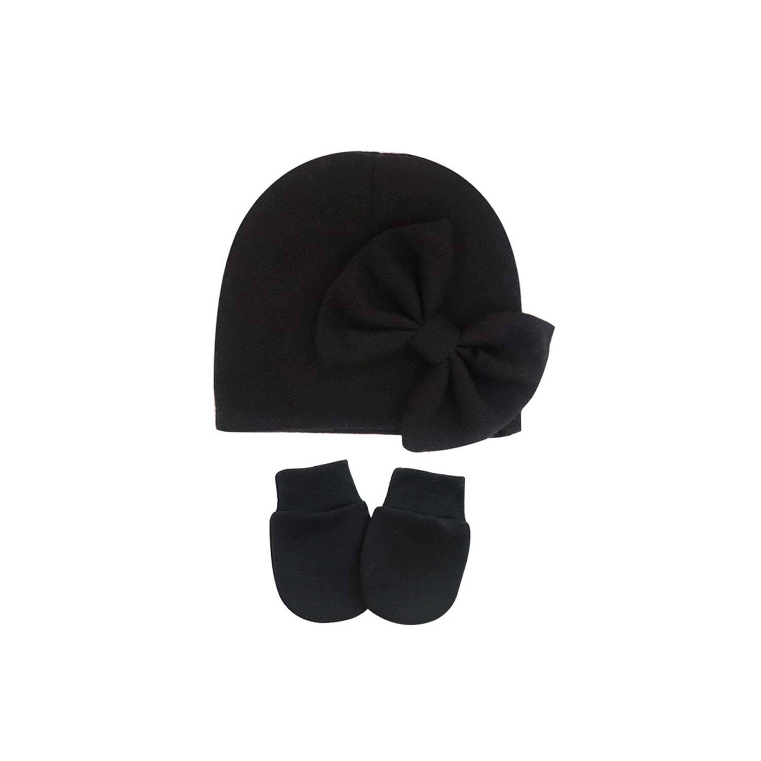 0-6 Months Solid Color Anti Scratch Gloves Bow Baby Hat 4