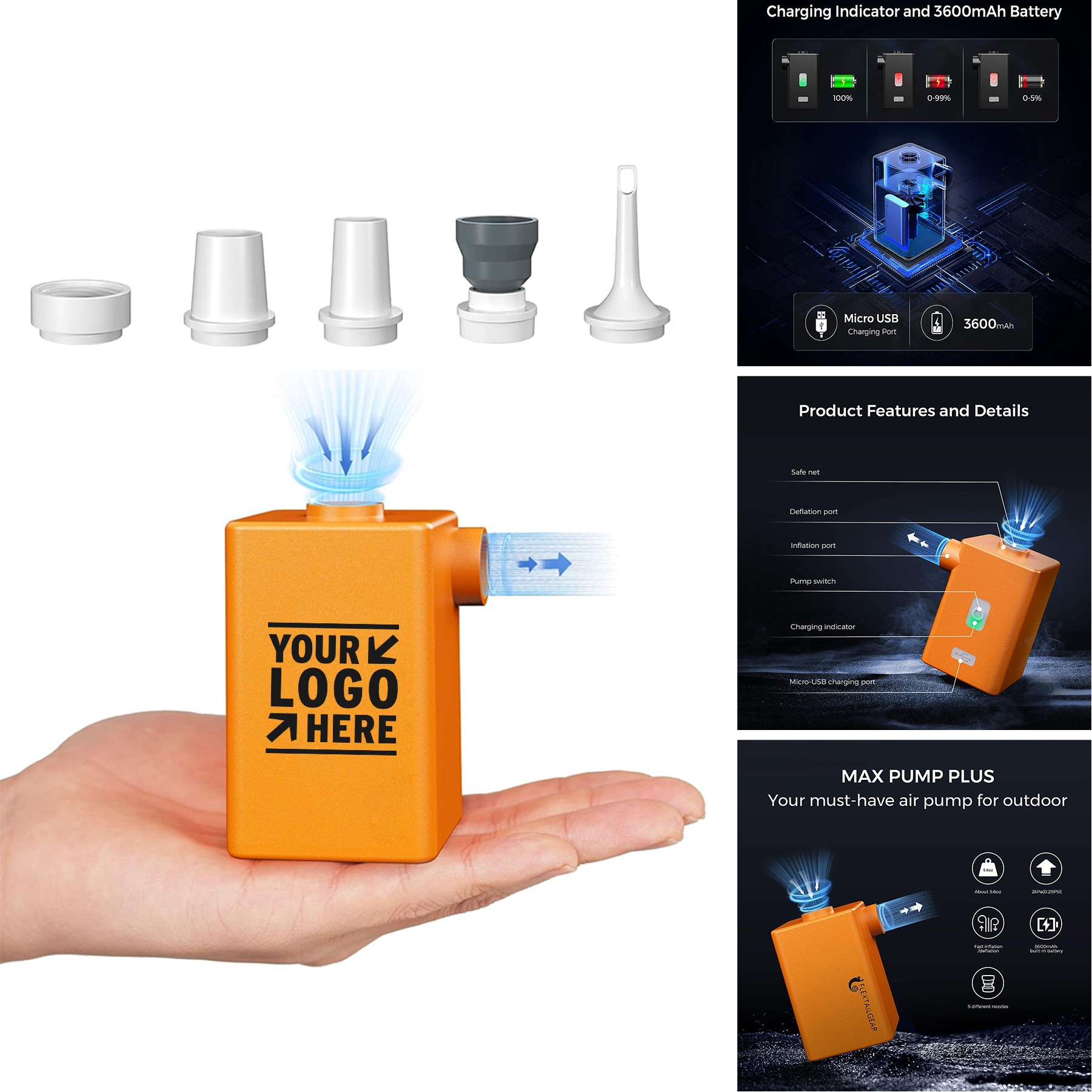 3600mAh Battery USB Rechargeable Lightest Plus Portable Quick Inflate Deflate Air Pump 1