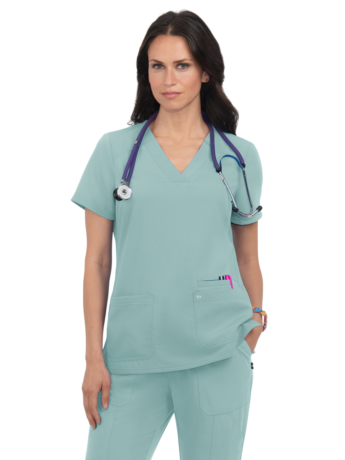 koi - Next Gen - Women's Three-Pocket Wide V-Neck Stretch Hustle and Heart Top 22