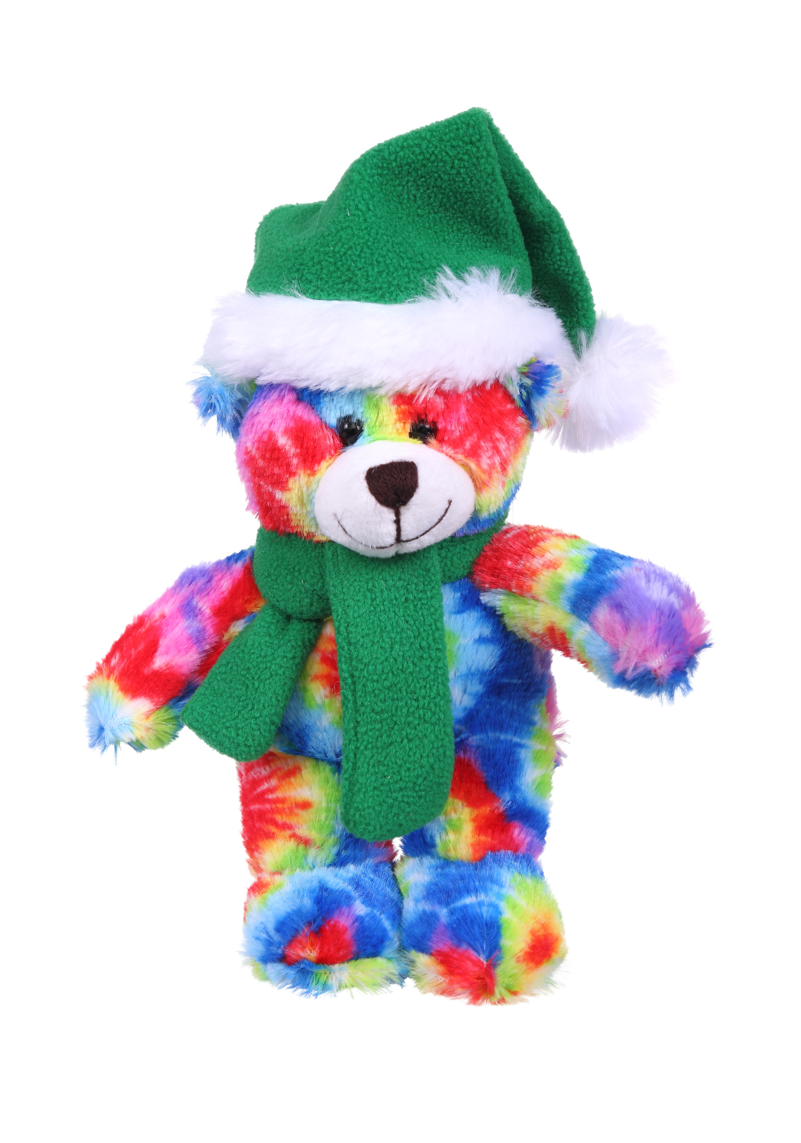 Soft Plush Stuffed Tie Dye Bear with Christmas Hat and Scarf