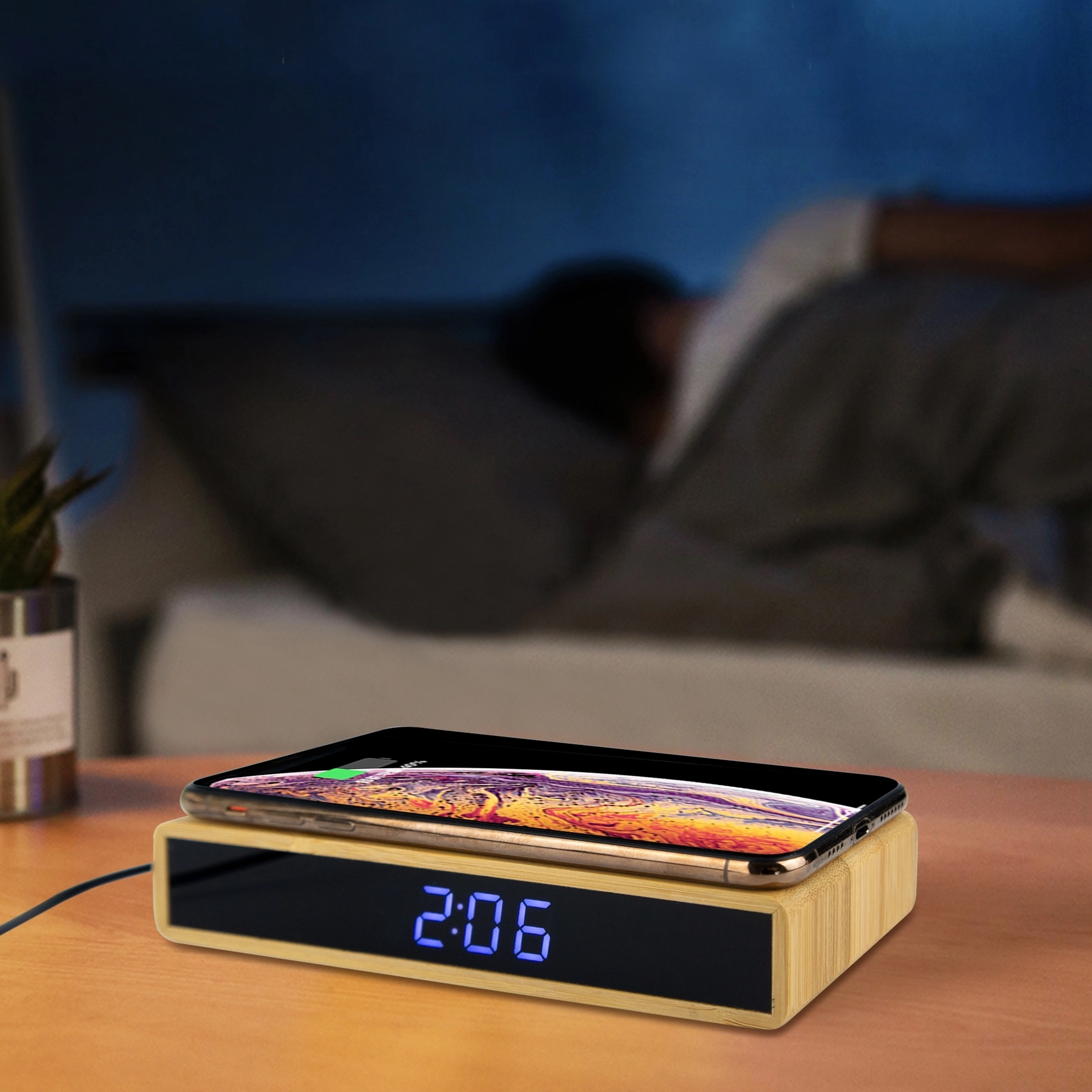 5 W Bamboo Wooden Wireless Charger With Digital Clock 6