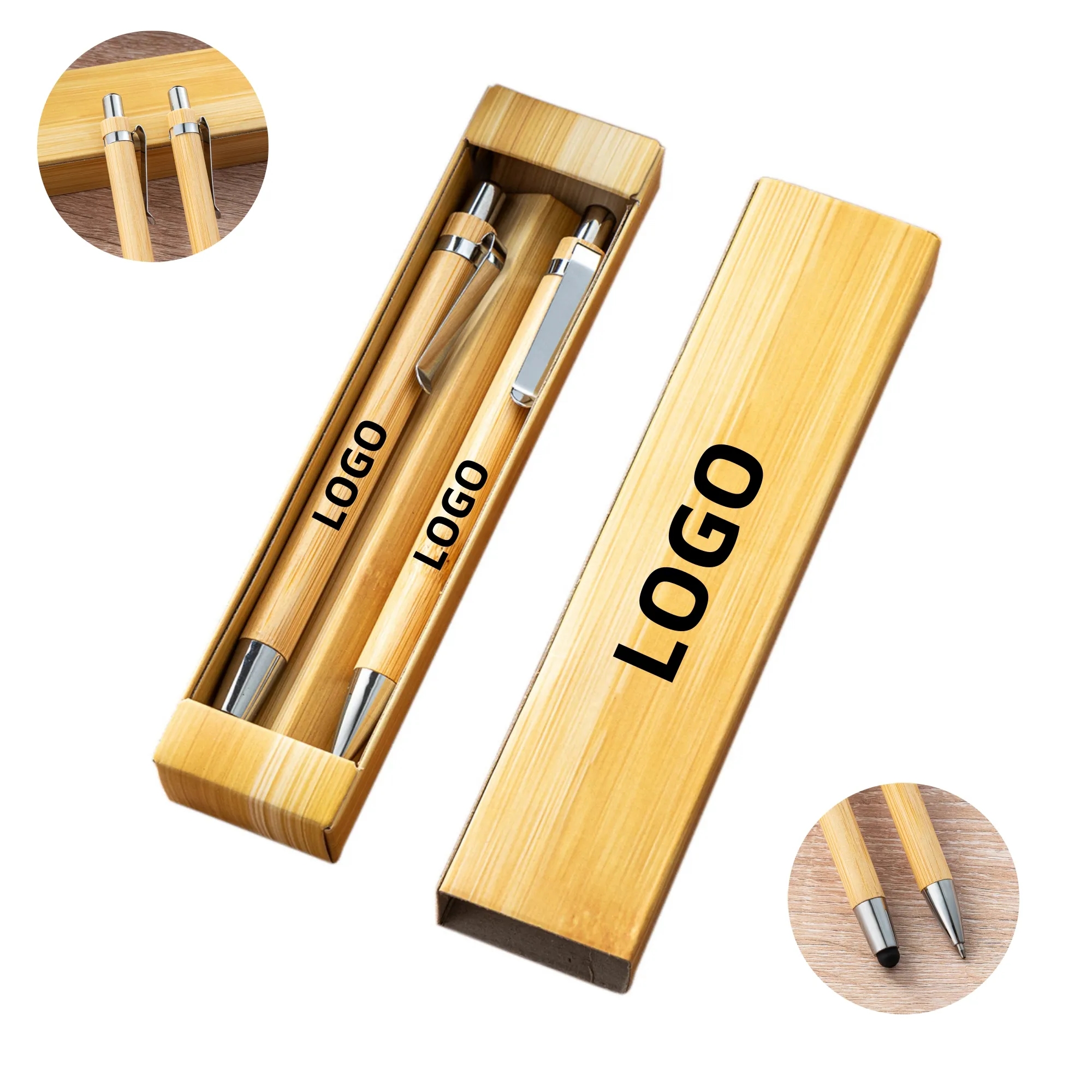 Press-Type Bamboo Touchscreen Ballpoint Pen Set 2