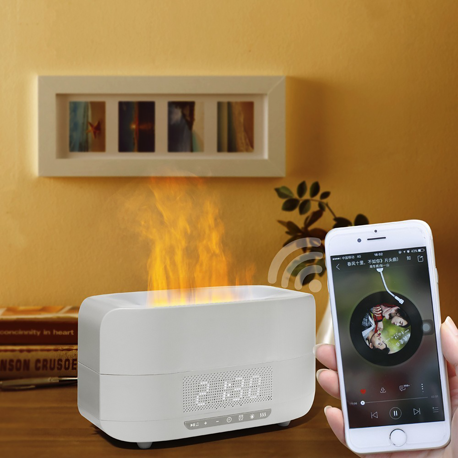 Flame Diffuser with Bluetooth Speaker and Clock Humidifer 2