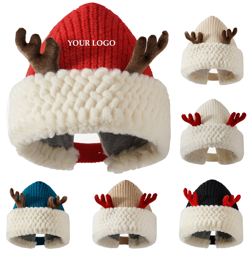 Christmas Cute Red Antler Knitted Beanie Hat 2