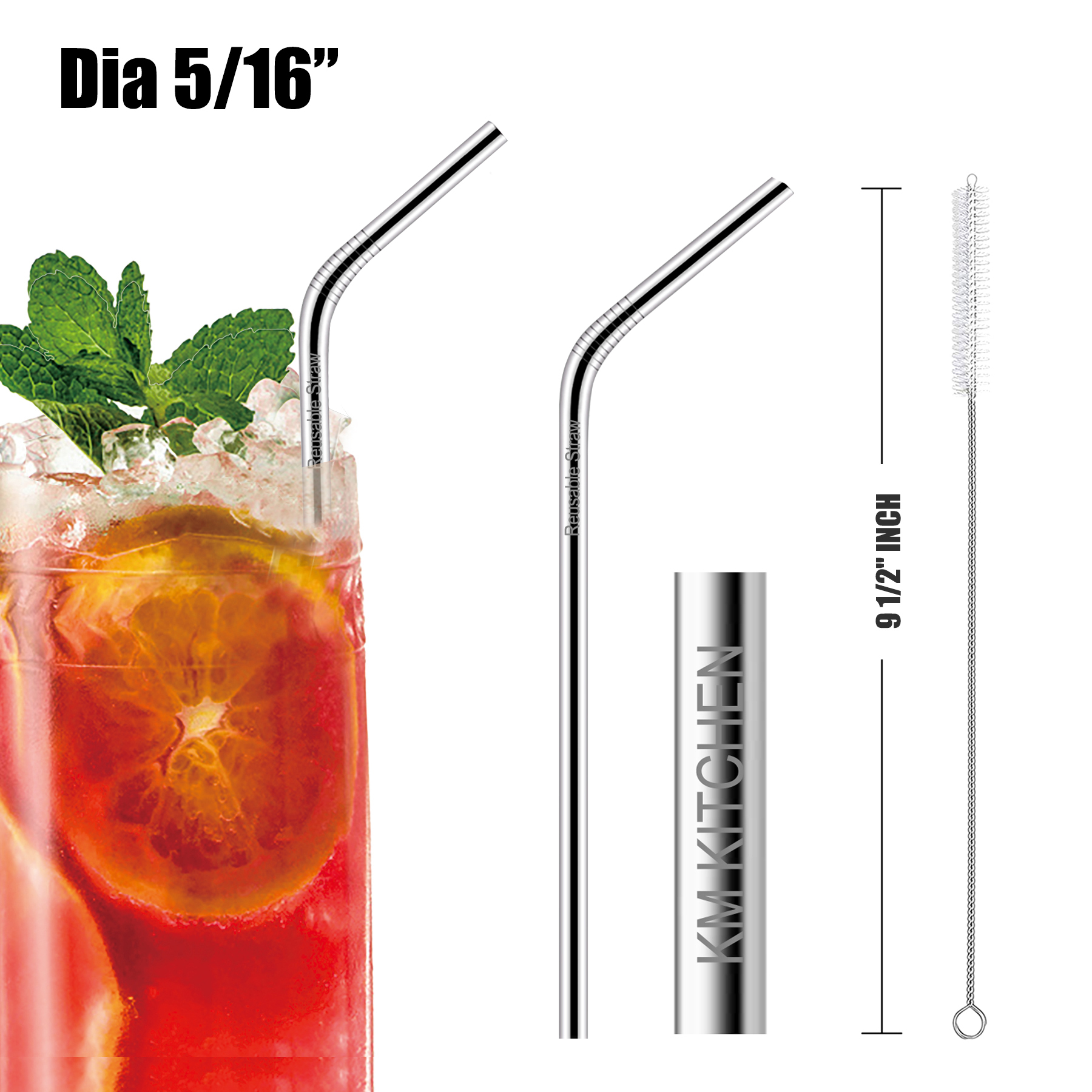 9 1/2"L 5/16"Dia Stainless Steel Straws 1