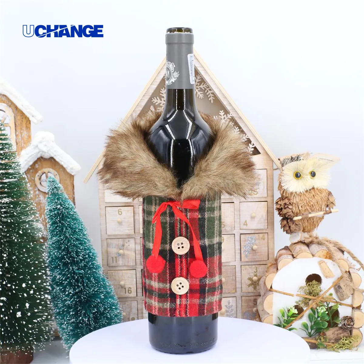 Plush Holiday Wine Bottle Cover With Faux Fur Trim 3