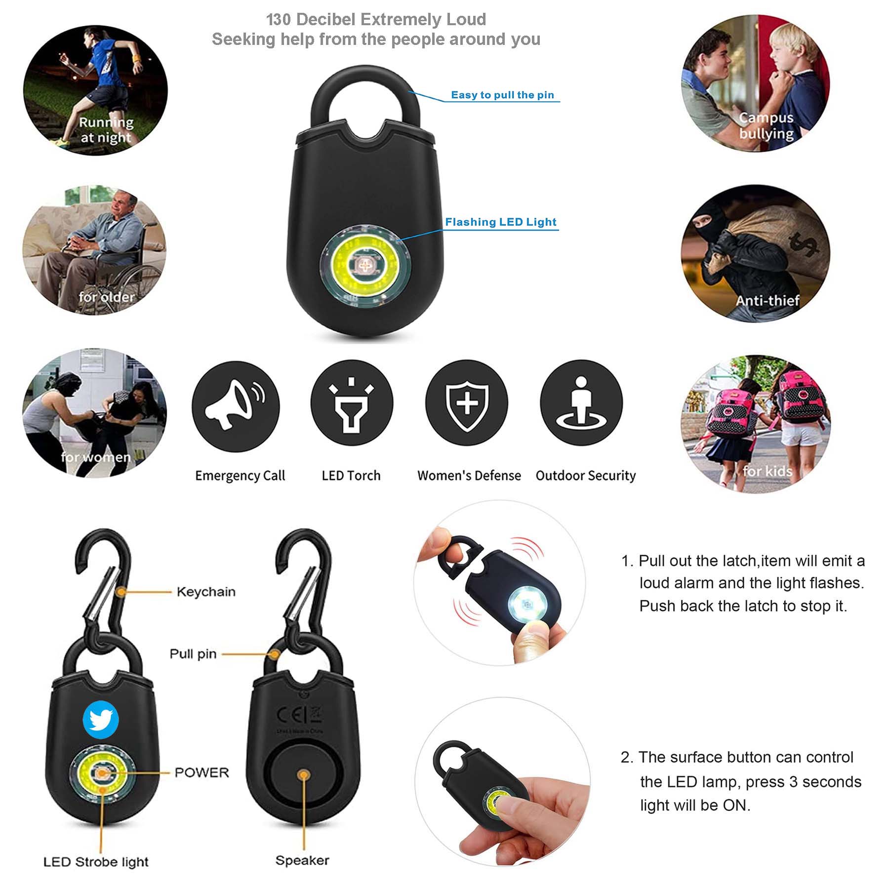 iBank ® Self Defense Alarm Keychain with SOS LED Light 1
