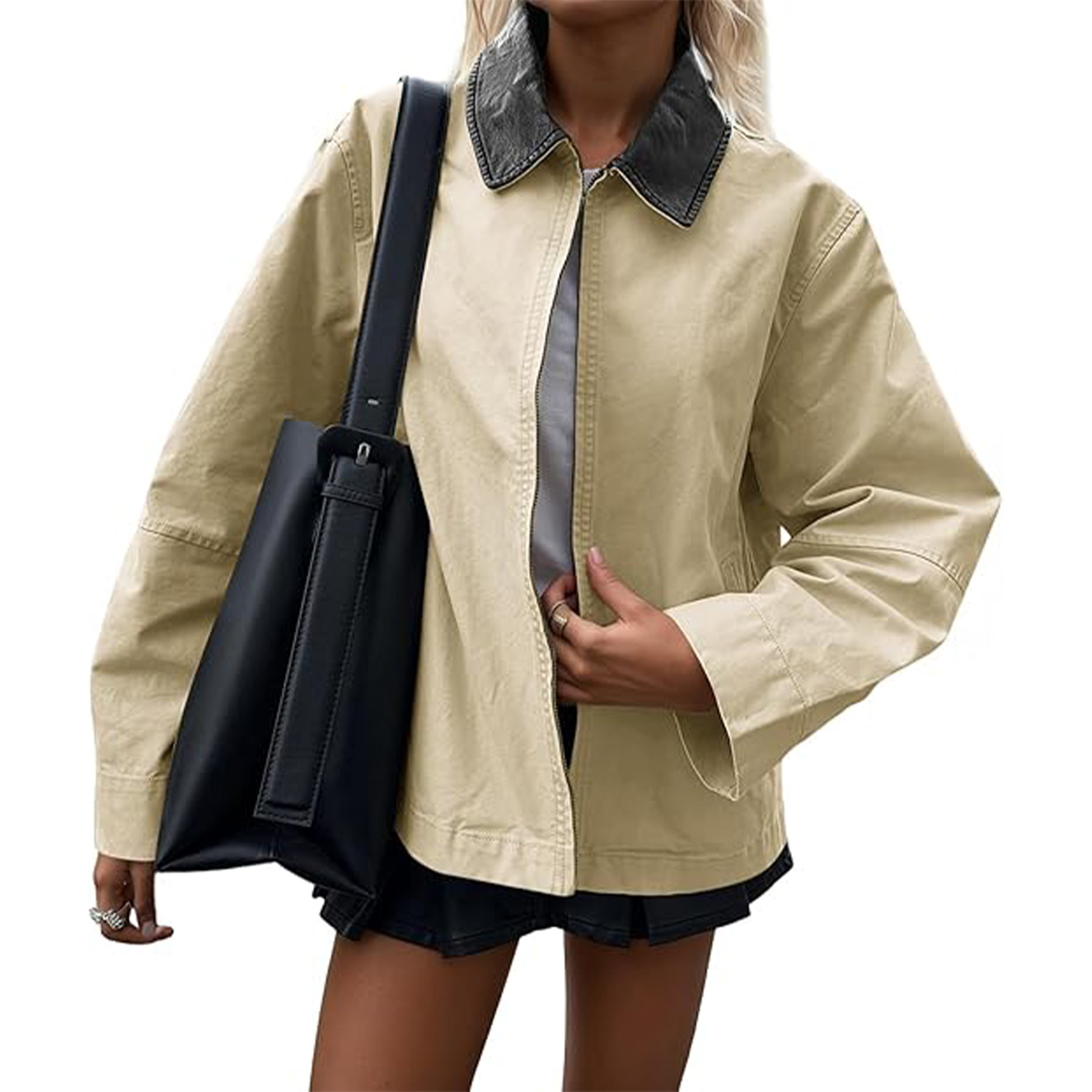 Women's Spring And Autumn UP Leather Lapel Casual Jacket 4