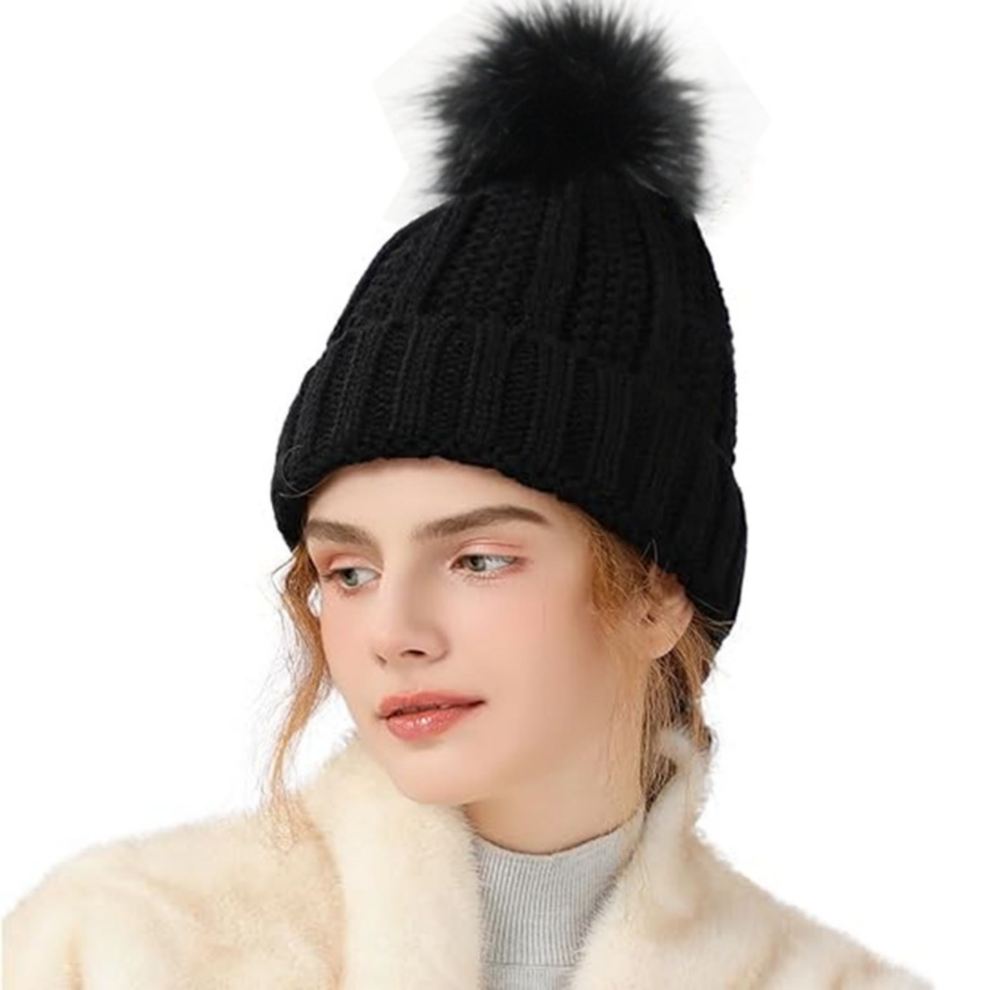 Winter Knitted Beanie Hat With Fur Pom 4