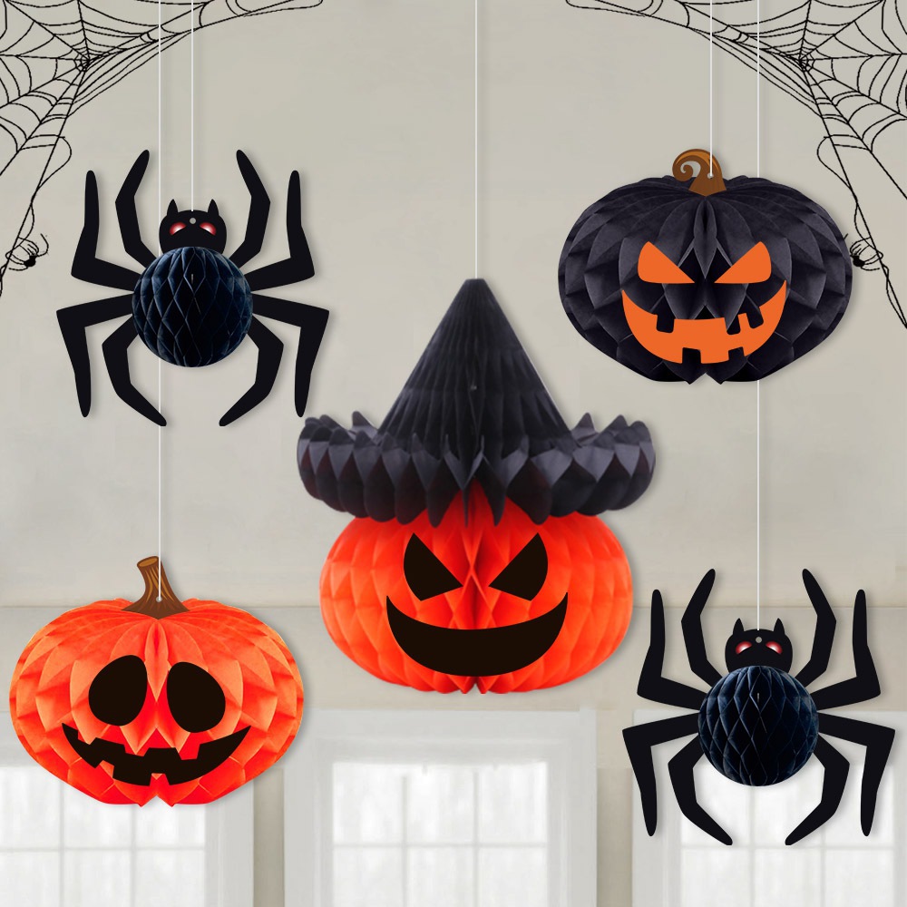 Halloween Spider and Pumpkin Honeycomb Hanging Decorations 2