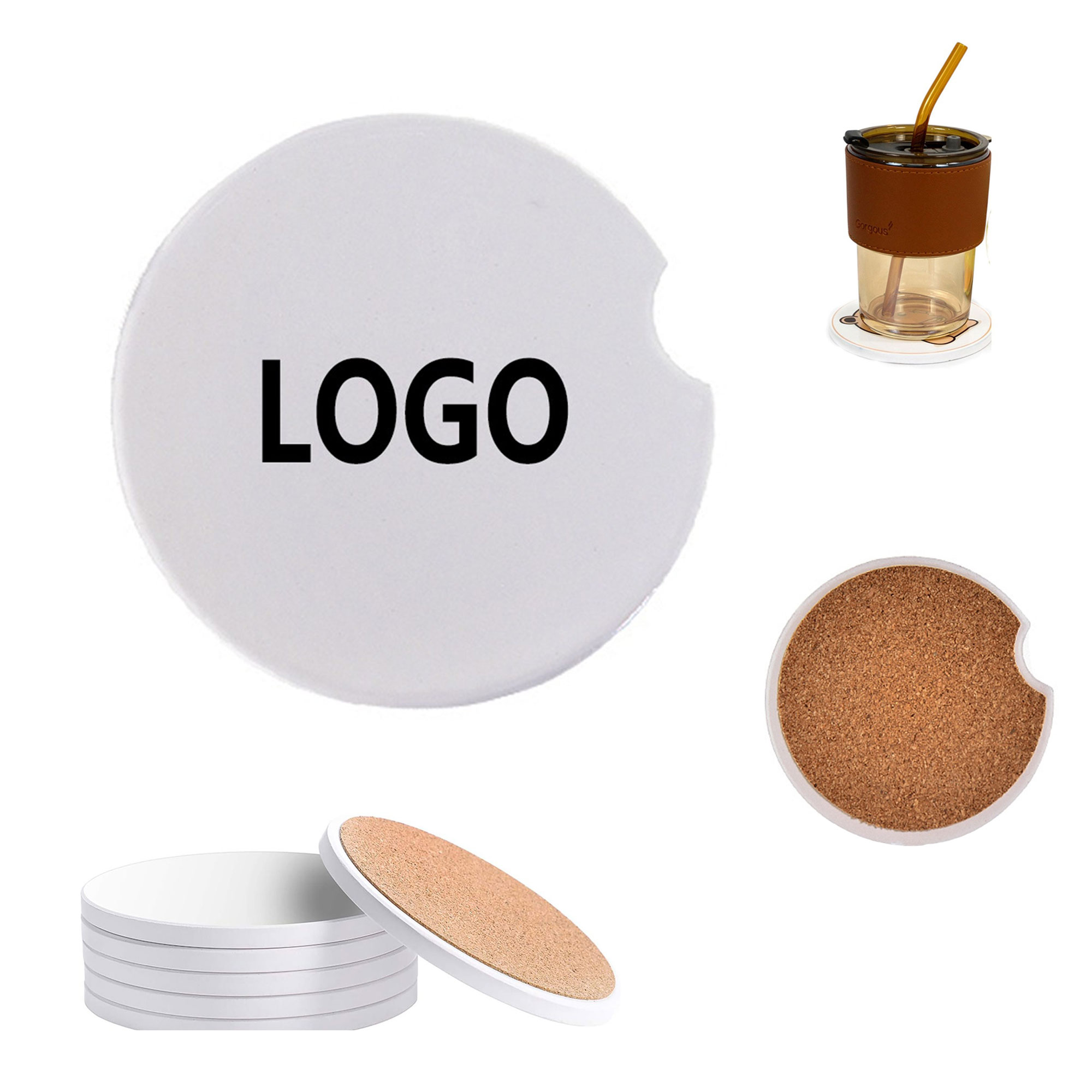 2.56" Custom Absorbent Ceramic Car Holder Coaster Cork Base 3