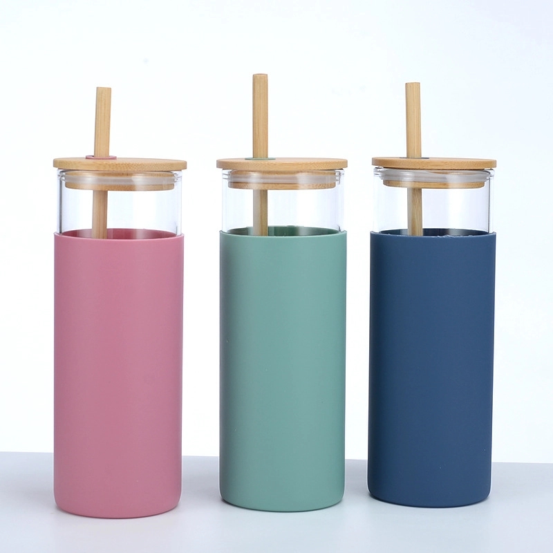 Custom 17 oz Glass Tumbler With Bamboo Lid And Straw 16