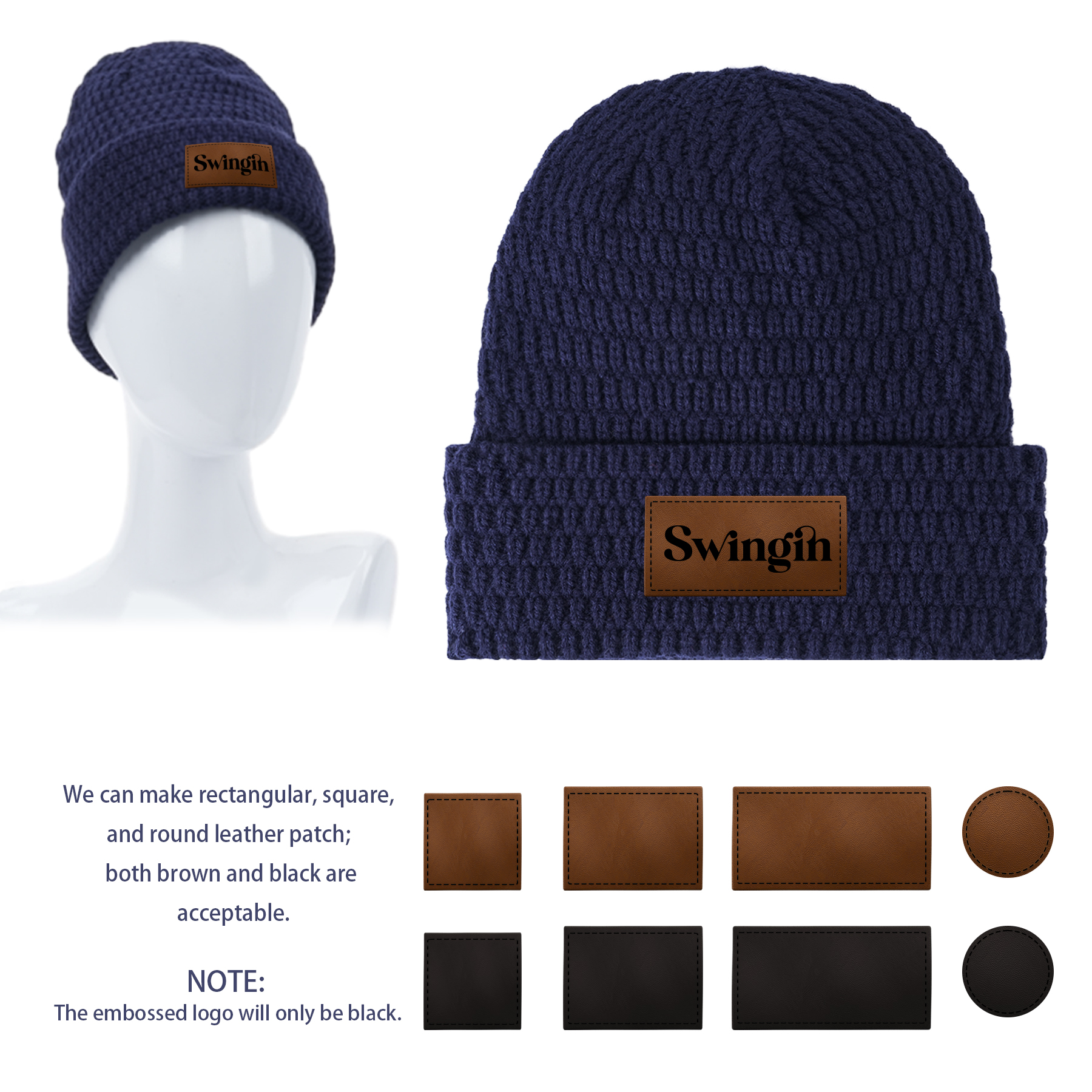 Fleece Lined Knit Beanie With Custom Leather Patch 8