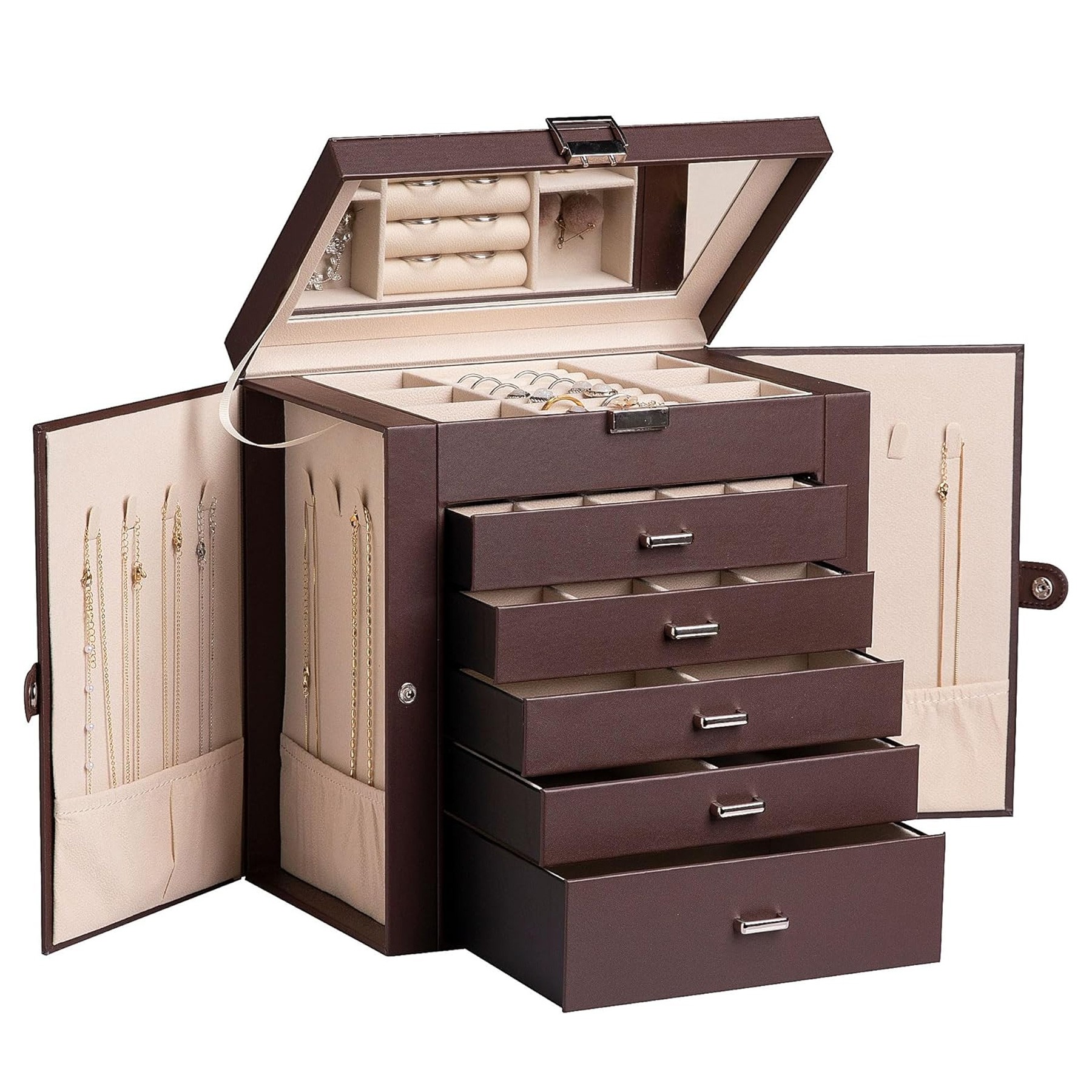 6 Tier PU Leather Jewelry Box with Lock 6