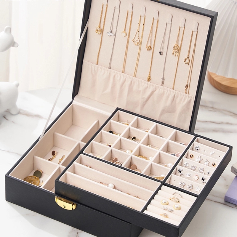 Custom PU Leather 2-Layer Jewelry Organizer Box with Lock 11