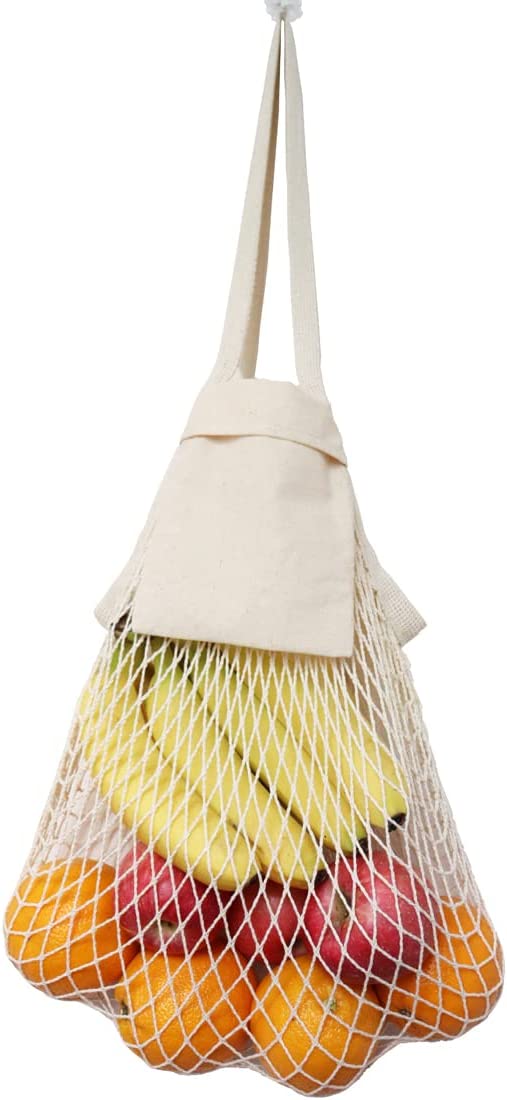 Vegetable Kitchen Cotton Net Bag w/Long Handle String & Pocket 15