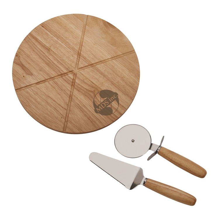 14" Rubber Wooden Pizza Board w/2 Utensils 2