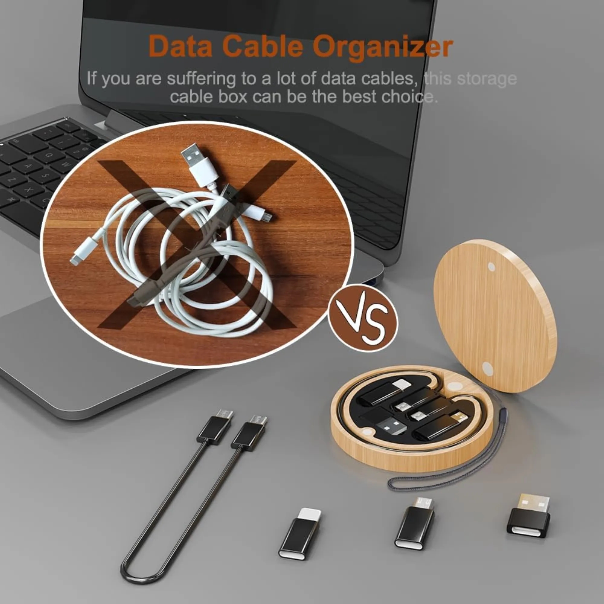 Bamboo Wood Data Cable Adapter Storage Case 5