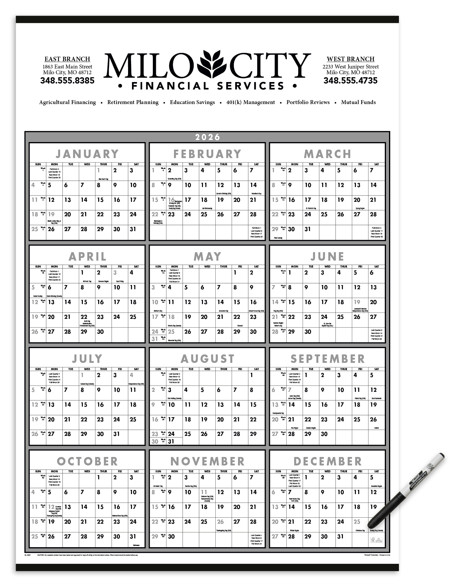 Triumph® Calendars Black & White Span-A-Year Laminated w/Marker Calendar 8
