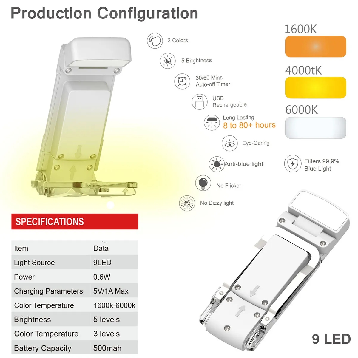 Portable Rechargeable Kids Clip On LED Reading Lights 3