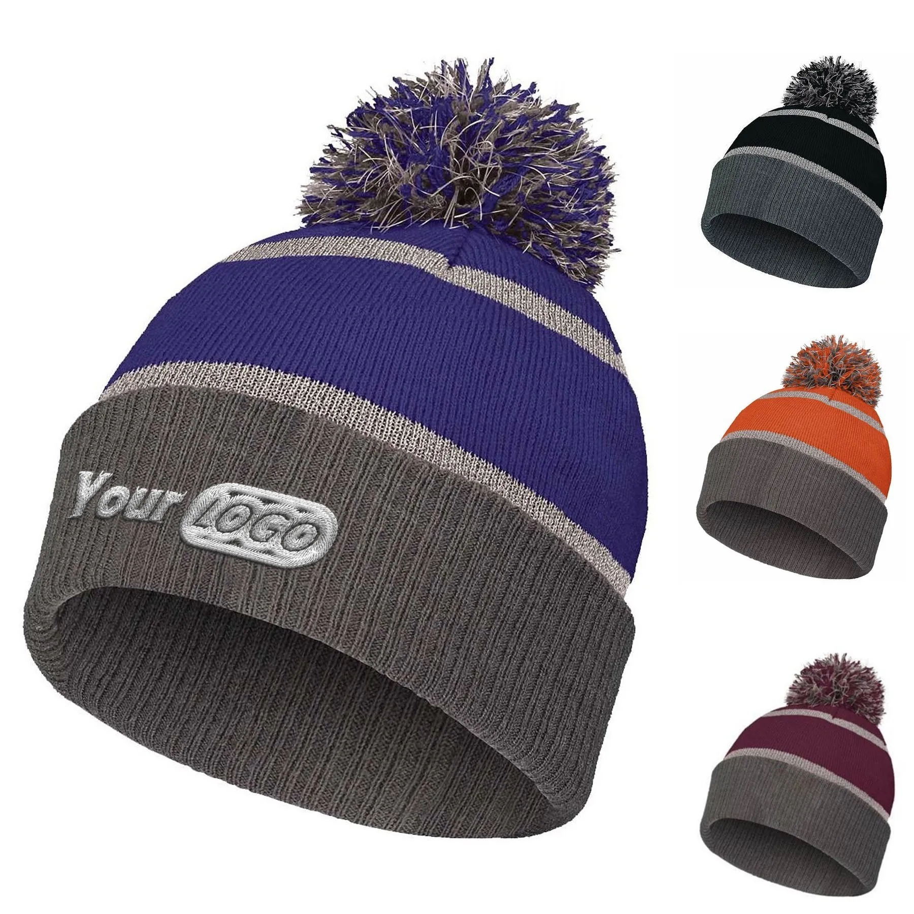 Thick Striped Knit Beanie with Pom 4