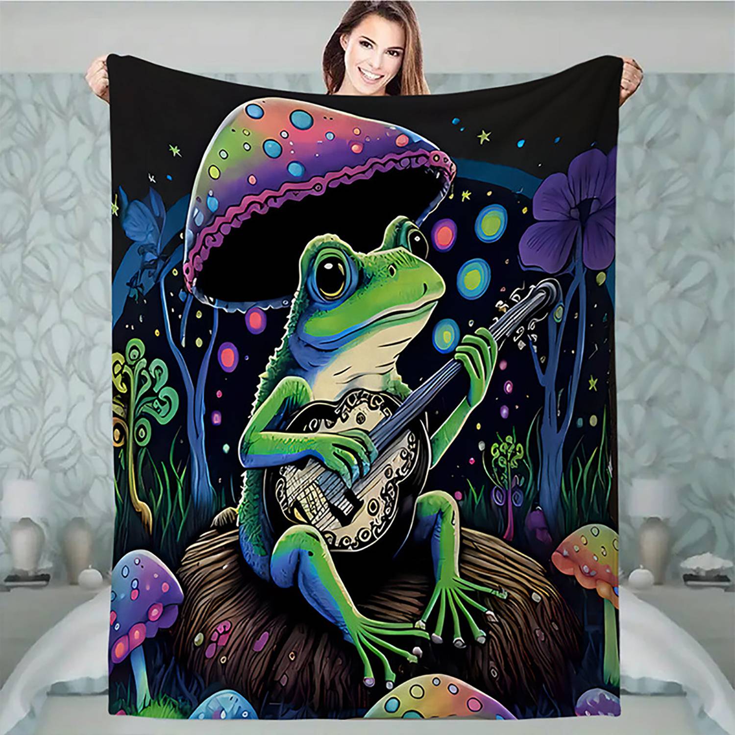 Custom Flannel Blanket Frog With Guitar 5