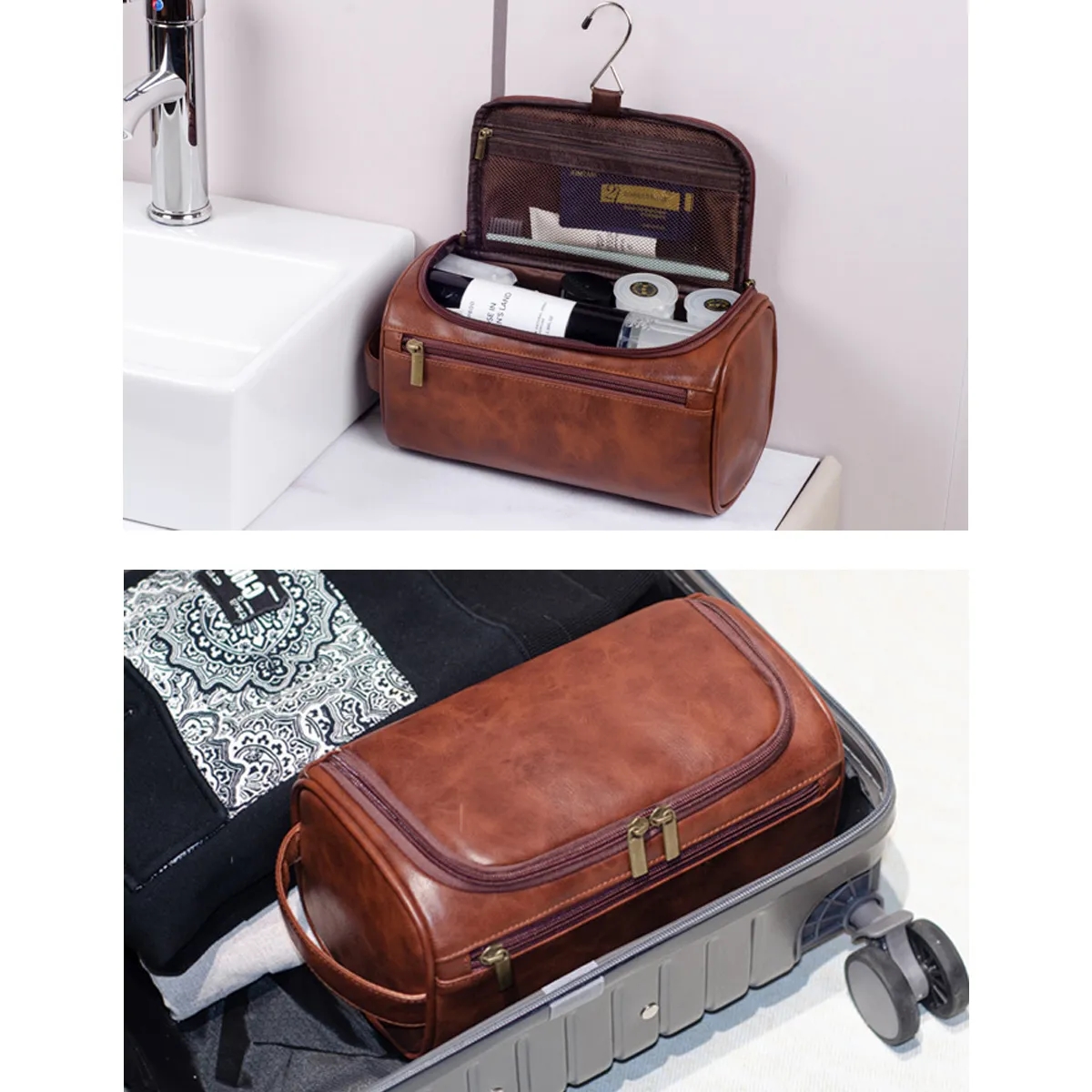 PU Leather Toiletry Bag Hook Cosmetic Travel Shaving Pouch 5