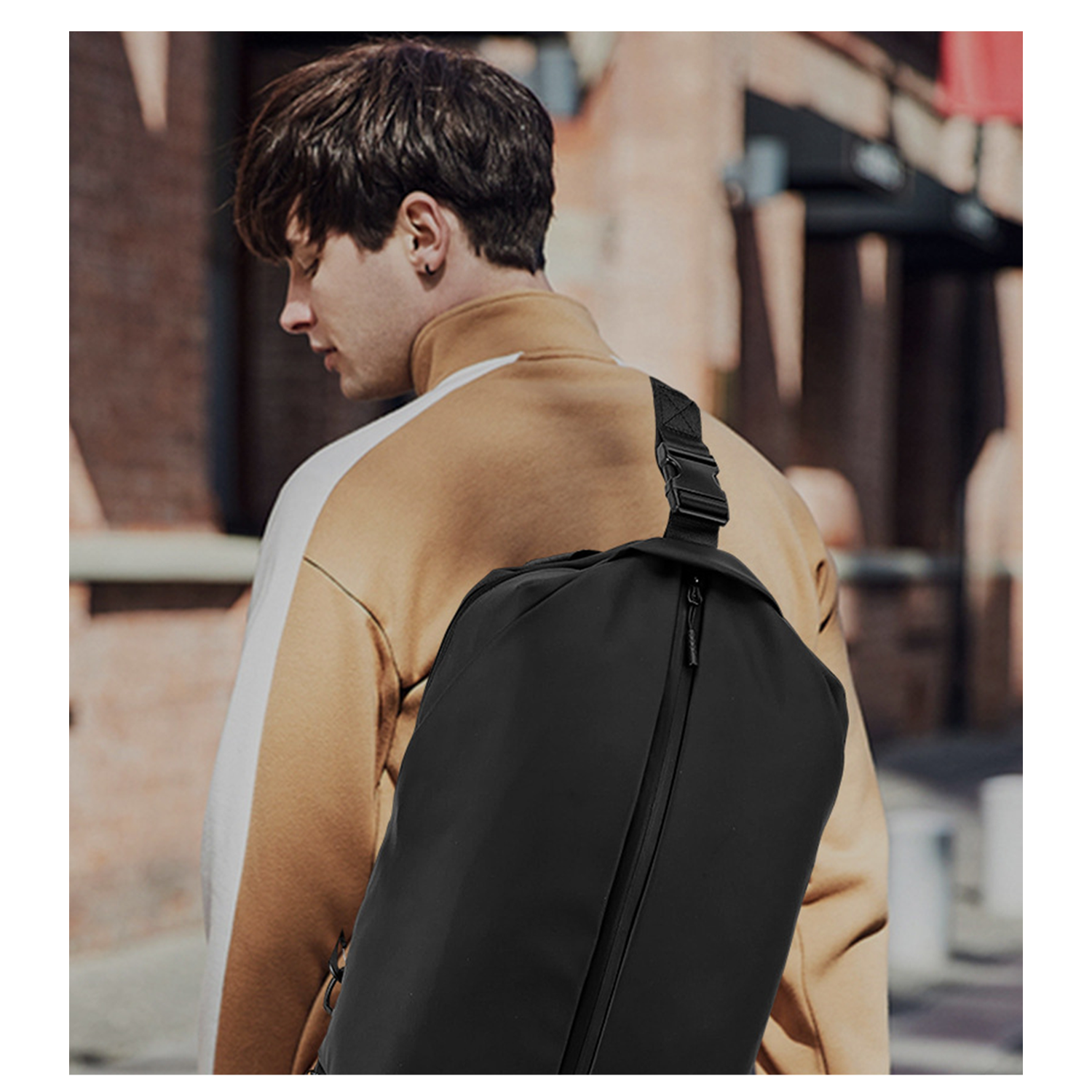 Black Sling Chest Bag W/ Usb Charge Port 6