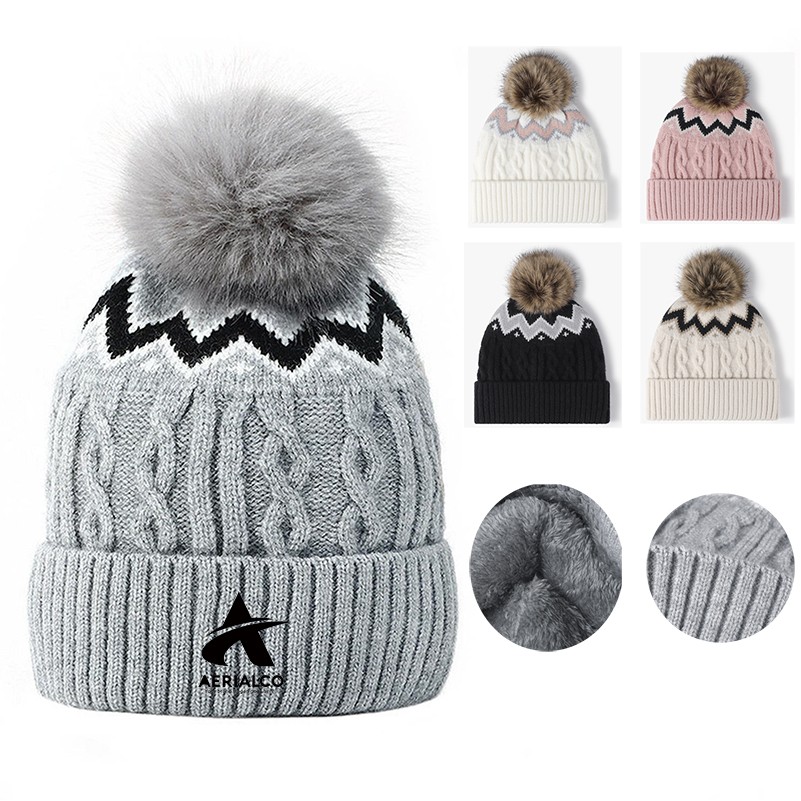 Acrylic Slouchy Firsile Beanie Cap Autumn Winter Embroidery Keep Warm Pom Pom Knit Beanie 2