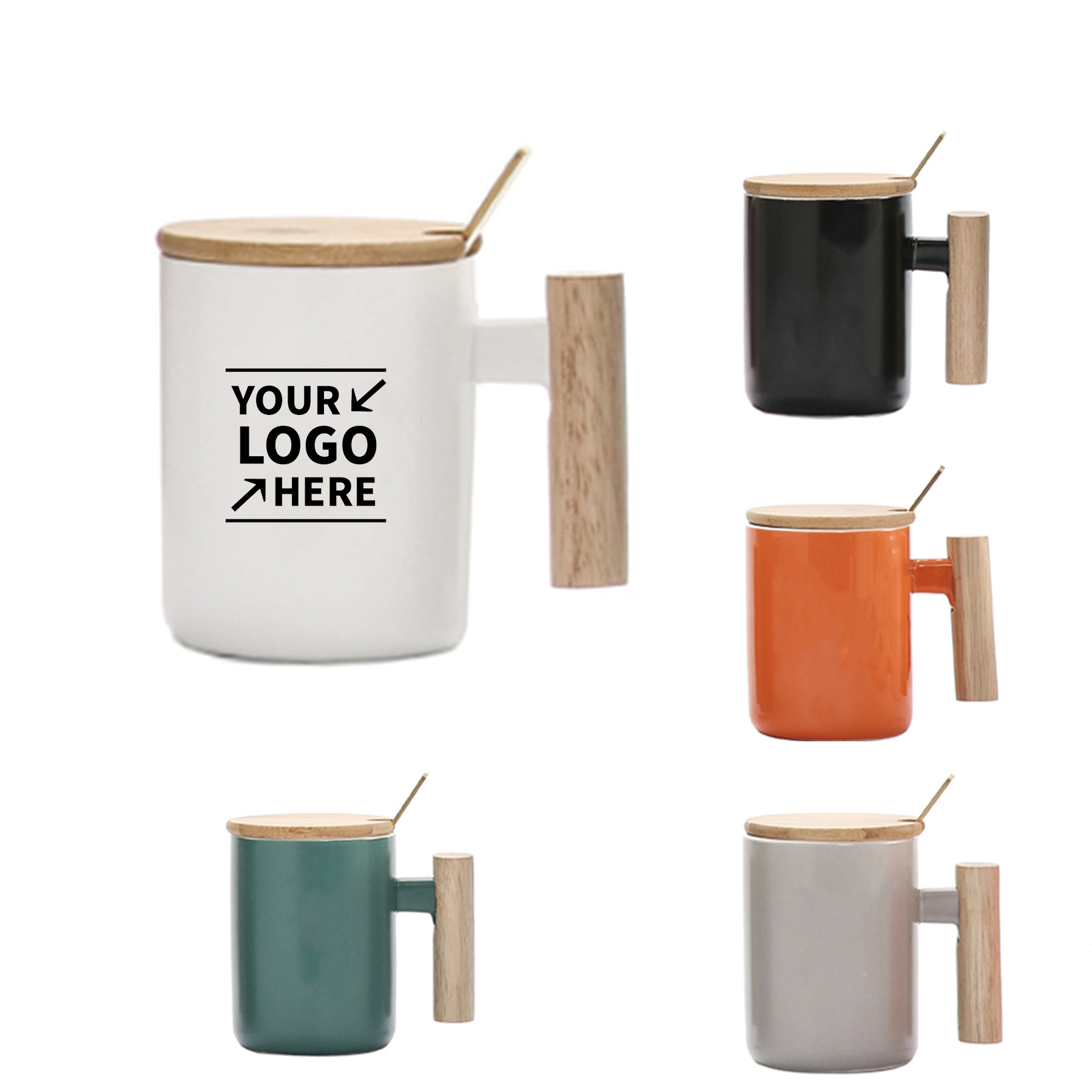 Ceramic Cup With Wooden Handle, Spoon, Lid 1