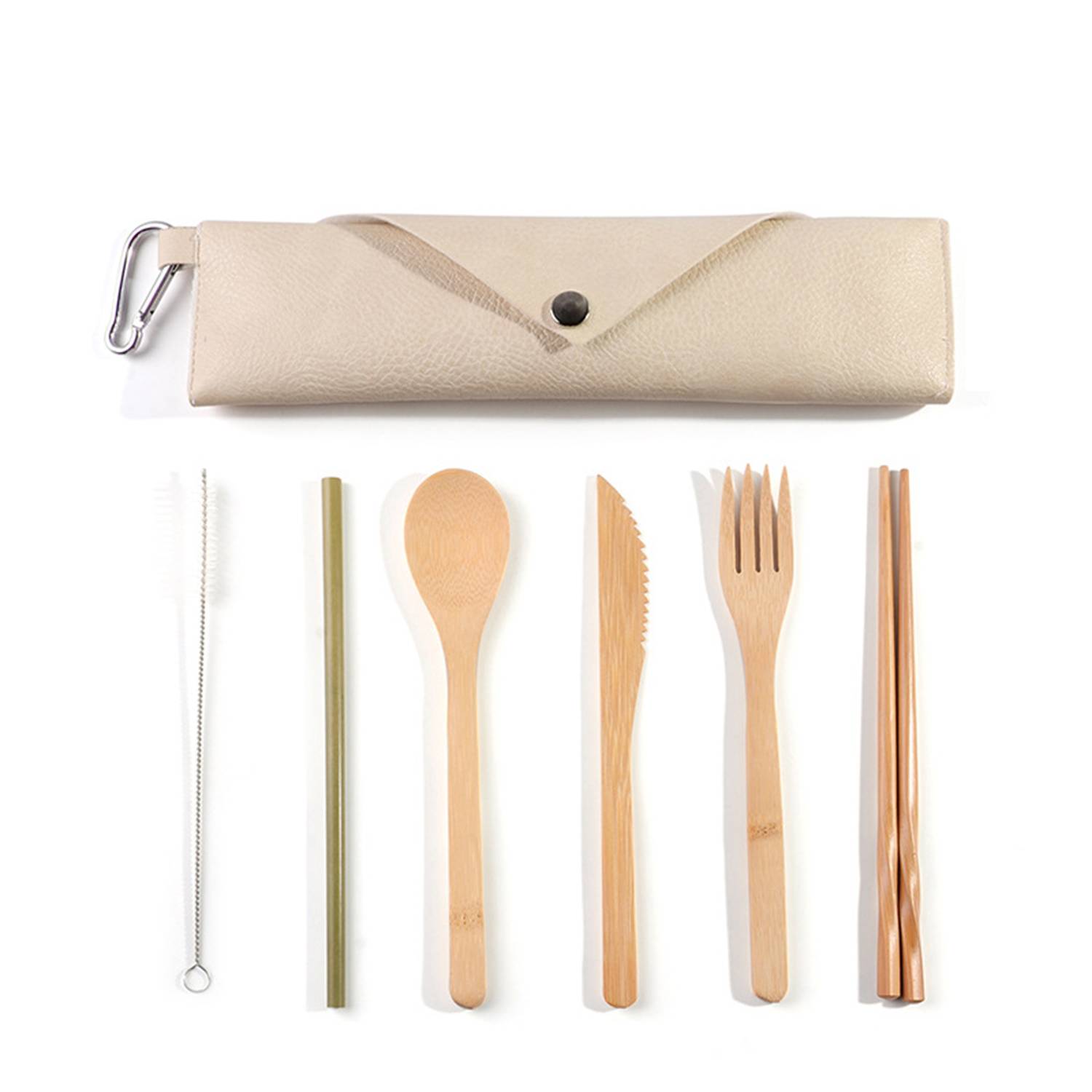 Travel Reusable Bamboo Cutlery Set With A Leather Pouch 5