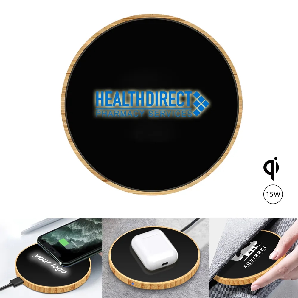 Light-up Logo Bamboo Wireless Charger Round 15W 3