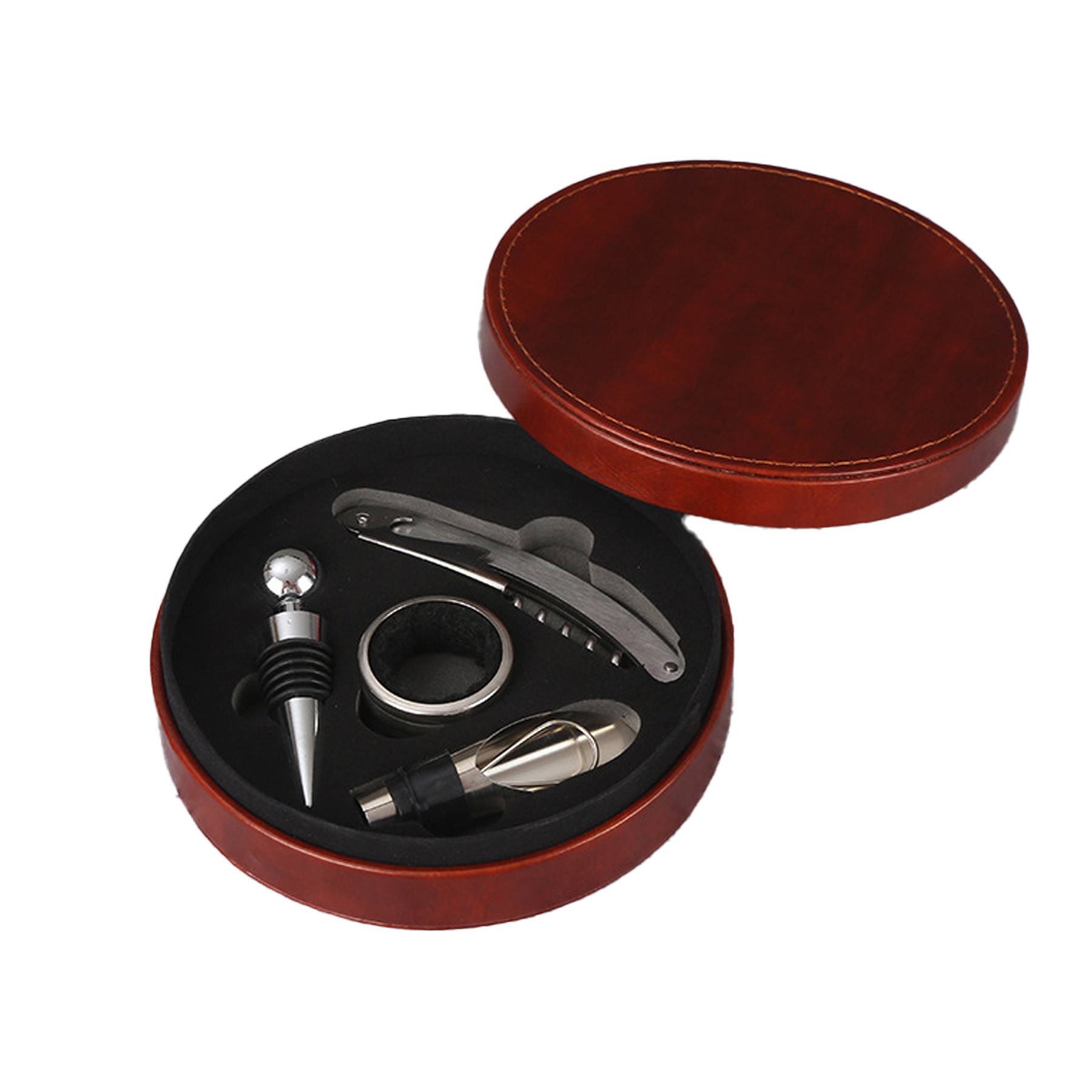 Wood Grain Leather Round Box Red Wine Opener Set 2