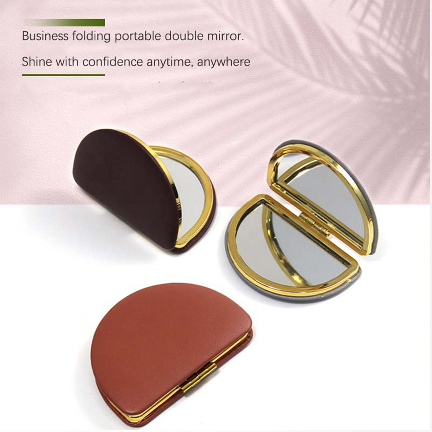 foldable oval magnifying Makeup PU Leather vanity Mirror 5