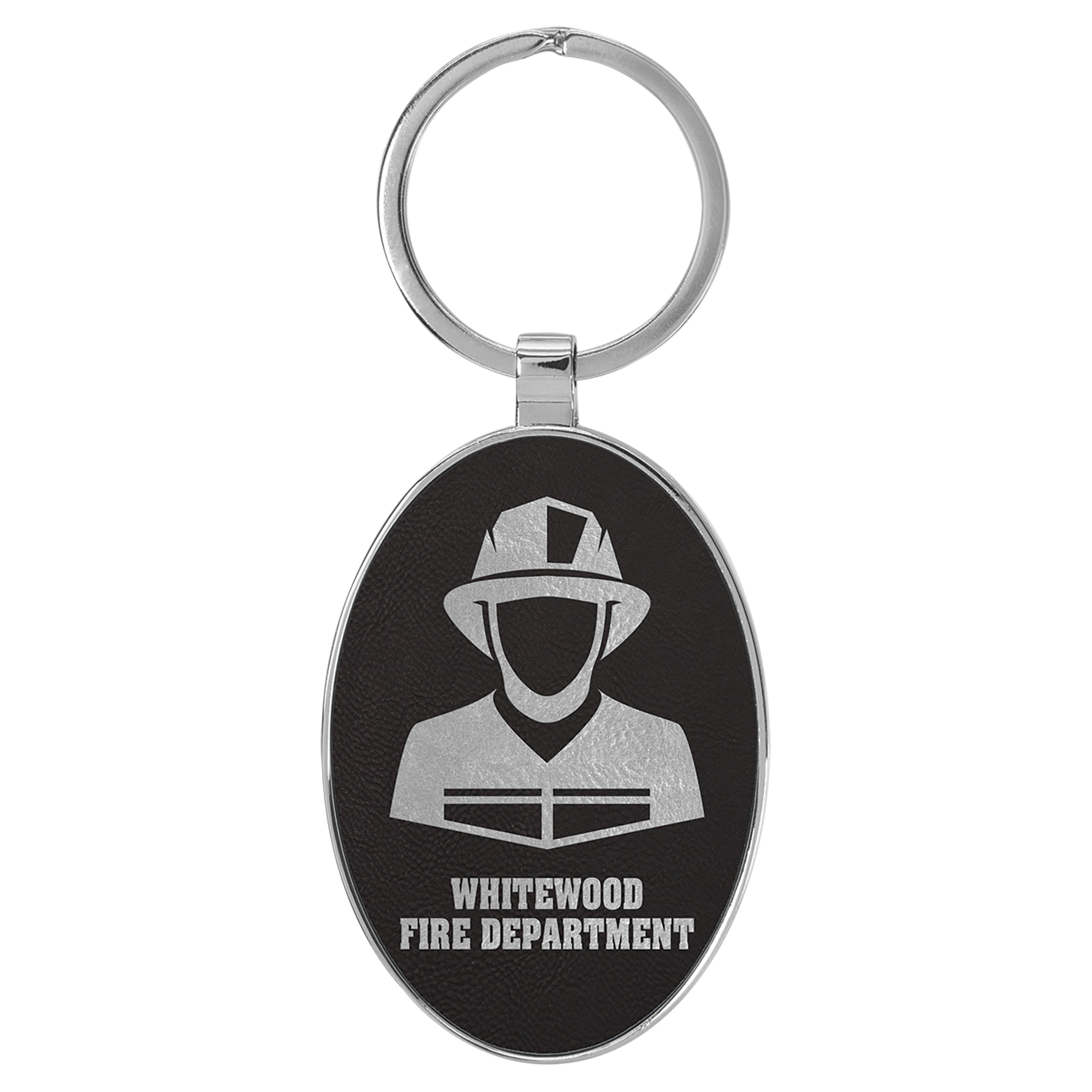 3" x 1 3/4" Leatherette/Metal Black/Silver Oval Keychain 1