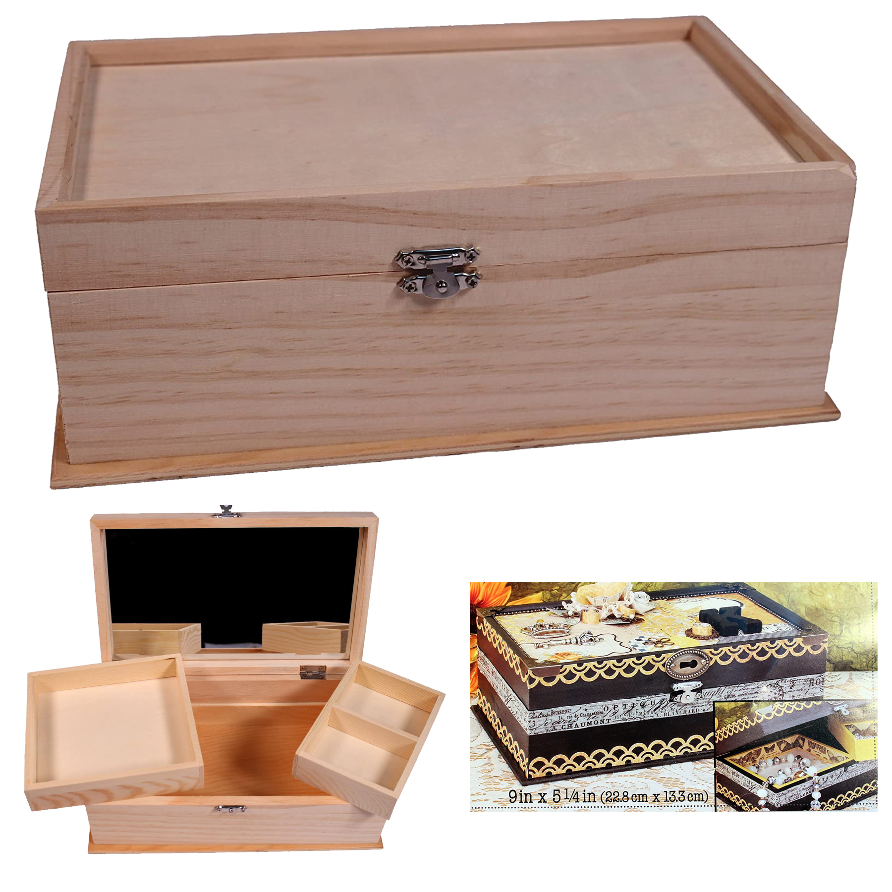 10.25 x 6 x 3.75 Inches Unfinished Wood Jewelry Box with Mirror Removable Compartments