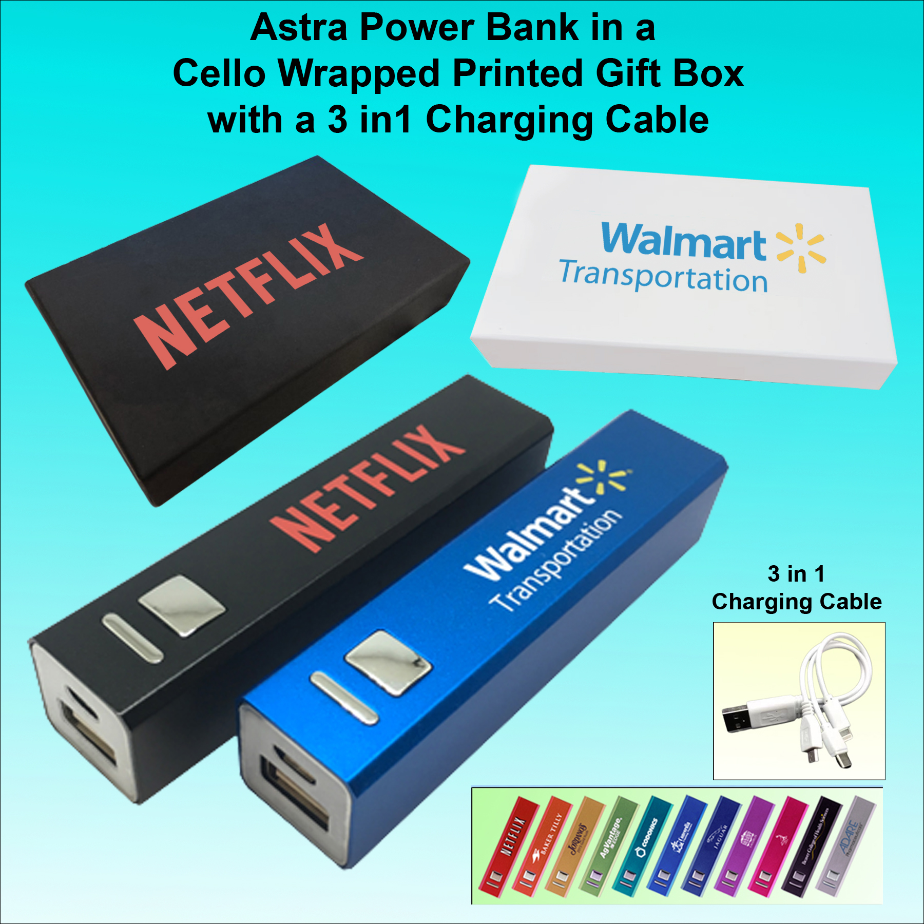 Astra Power Bank with Button 2600 mAh, supplied in a Printed Gift Box with a 3 in 1 Charging Cable N
