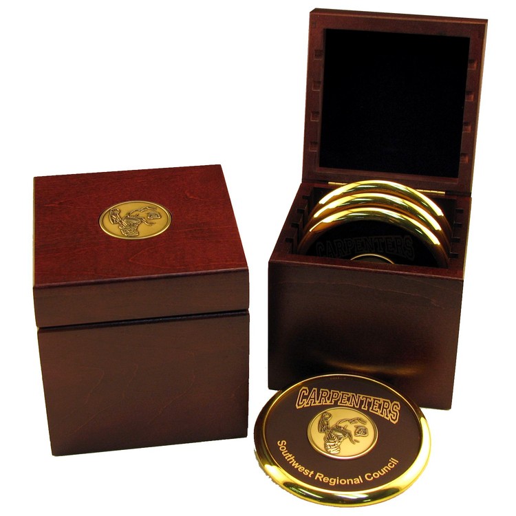 Wood Coaster Box w/ Medallion, 4.25" x 4.25" x 4.50" 2